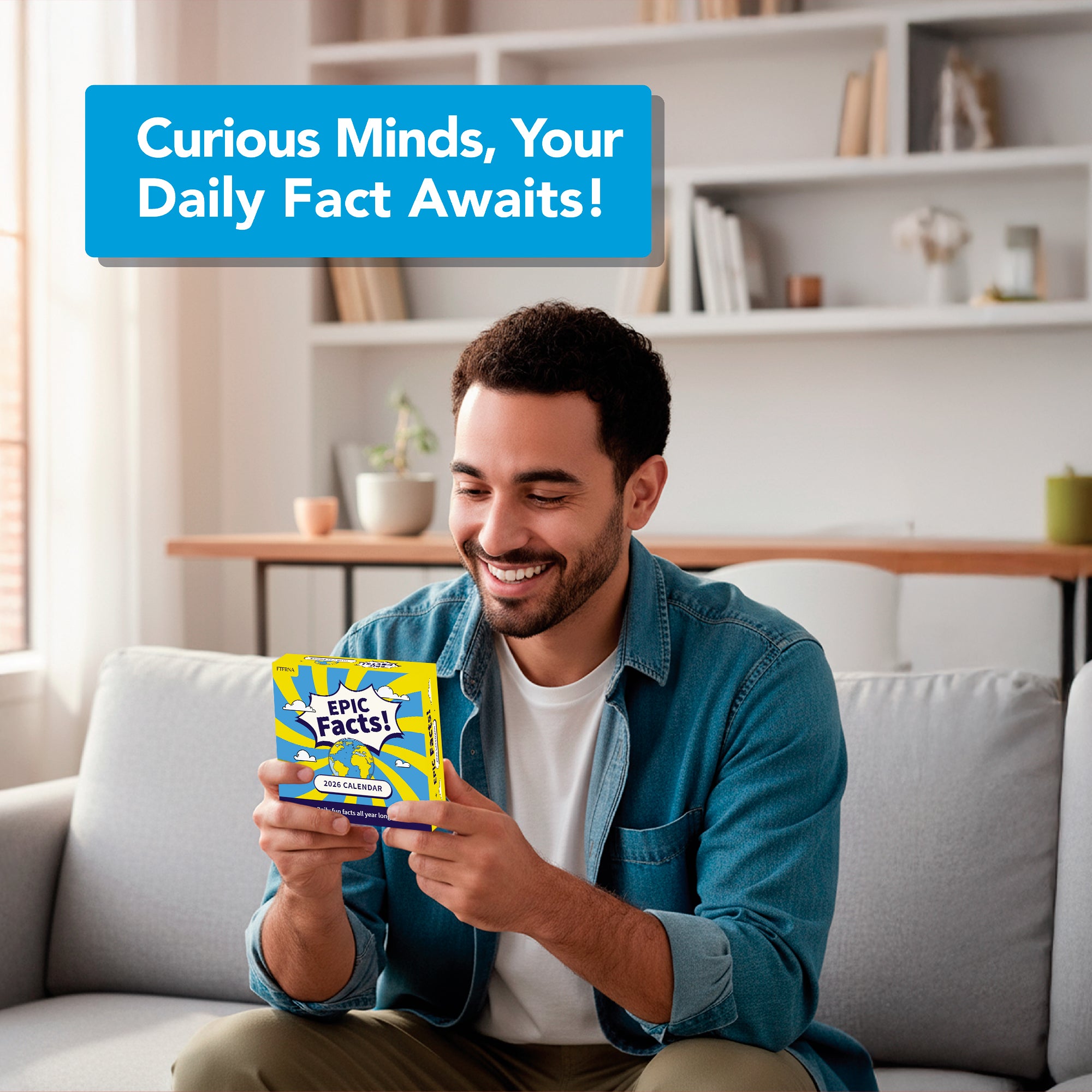 A man on a couch smiles while holding the Eterna Goods 2026 Epic Facts Calendar with tear-off pages, beneath a sign that says, "Curious Minds, Your Daily Fact Awaits!.
