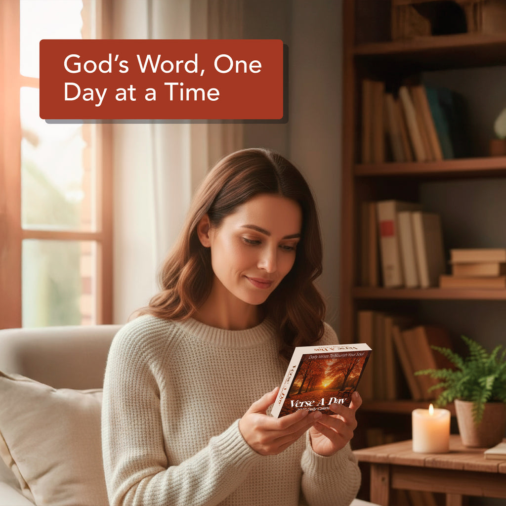 A woman relaxes in a cozy room, reading the Hannah Faith "2026 Verse A Day Calendar," with a candle glowing and bookshelves behind her. Text: "God's Word, One Day at a Time—a daily inspiration and mindful gift.