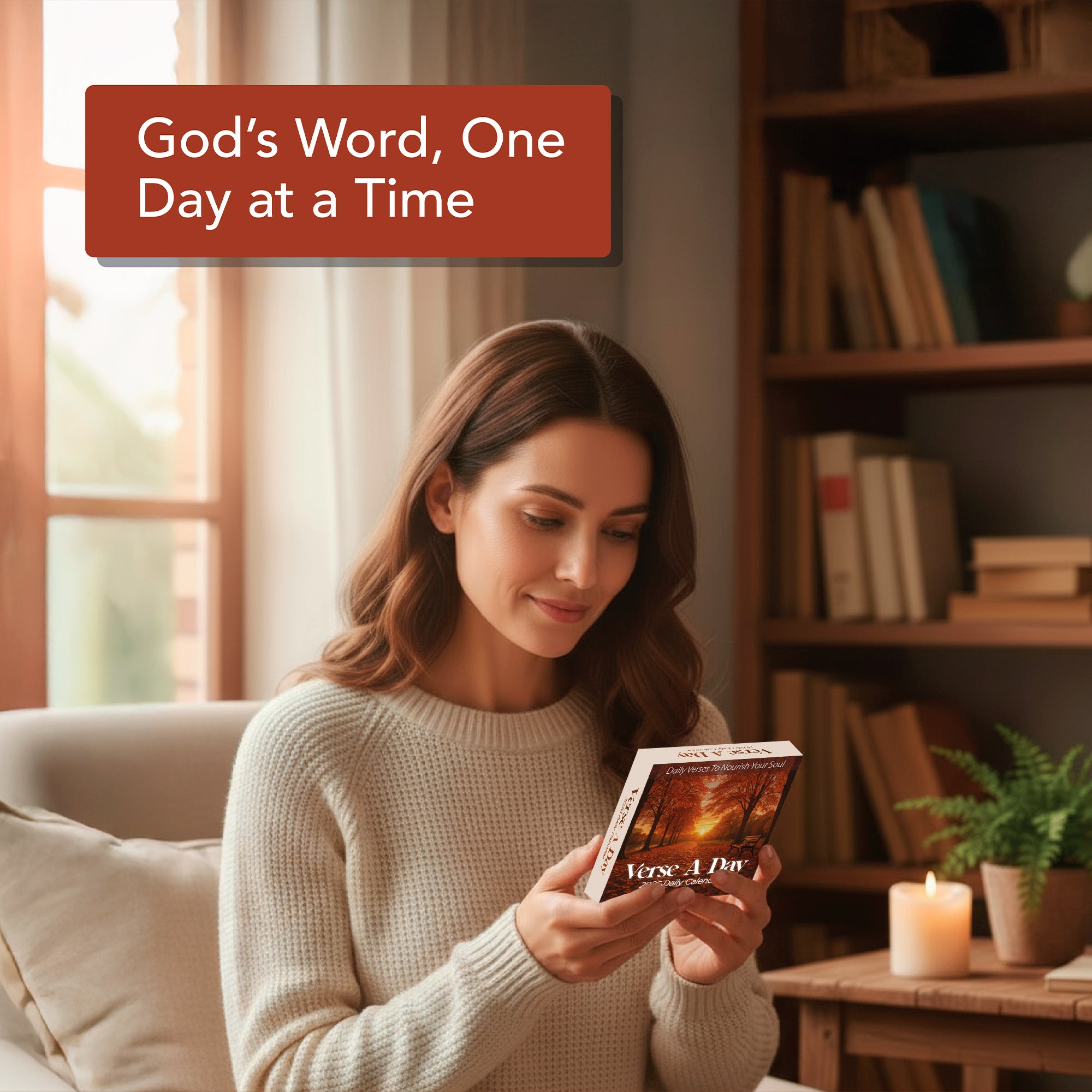 A woman relaxes in a cozy room, reading the Hannah Faith "2026 Verse A Day Calendar," with a candle glowing and bookshelves behind her. Text: "God's Word, One Day at a Time—a daily inspiration and mindful gift.