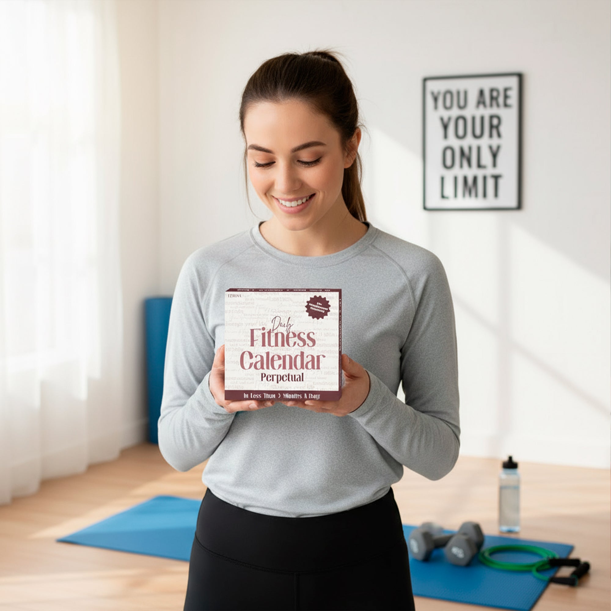 A woman in workout clothes smiles in her home gym, holding the Eterna Goods Perpetual Fitness Calendar filled with daily fitness tips. Exercise equipment and a motivational poster add inspiration to her routine.