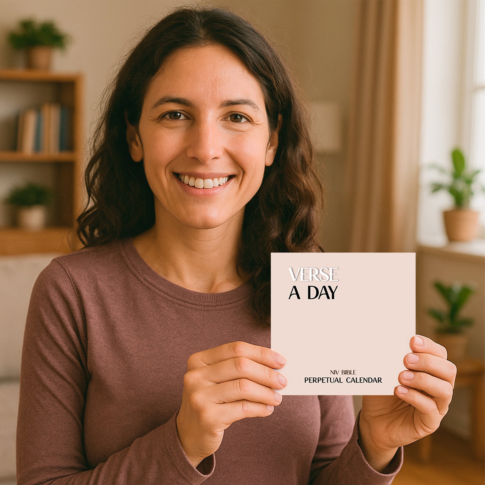 A woman smiles while holding the Hannah Faith Verse A Day Perpetual Calendar card in a bright living room.
