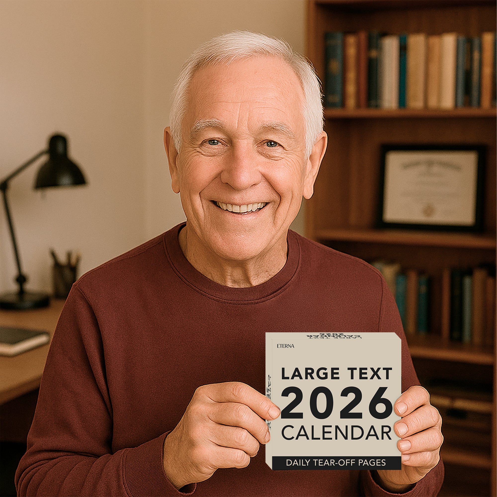 An older man in a maroon sweater smiles as he holds an Eterna Goods “2026 Large Text Calendar” in a home office with bookshelves and a desk behind him.