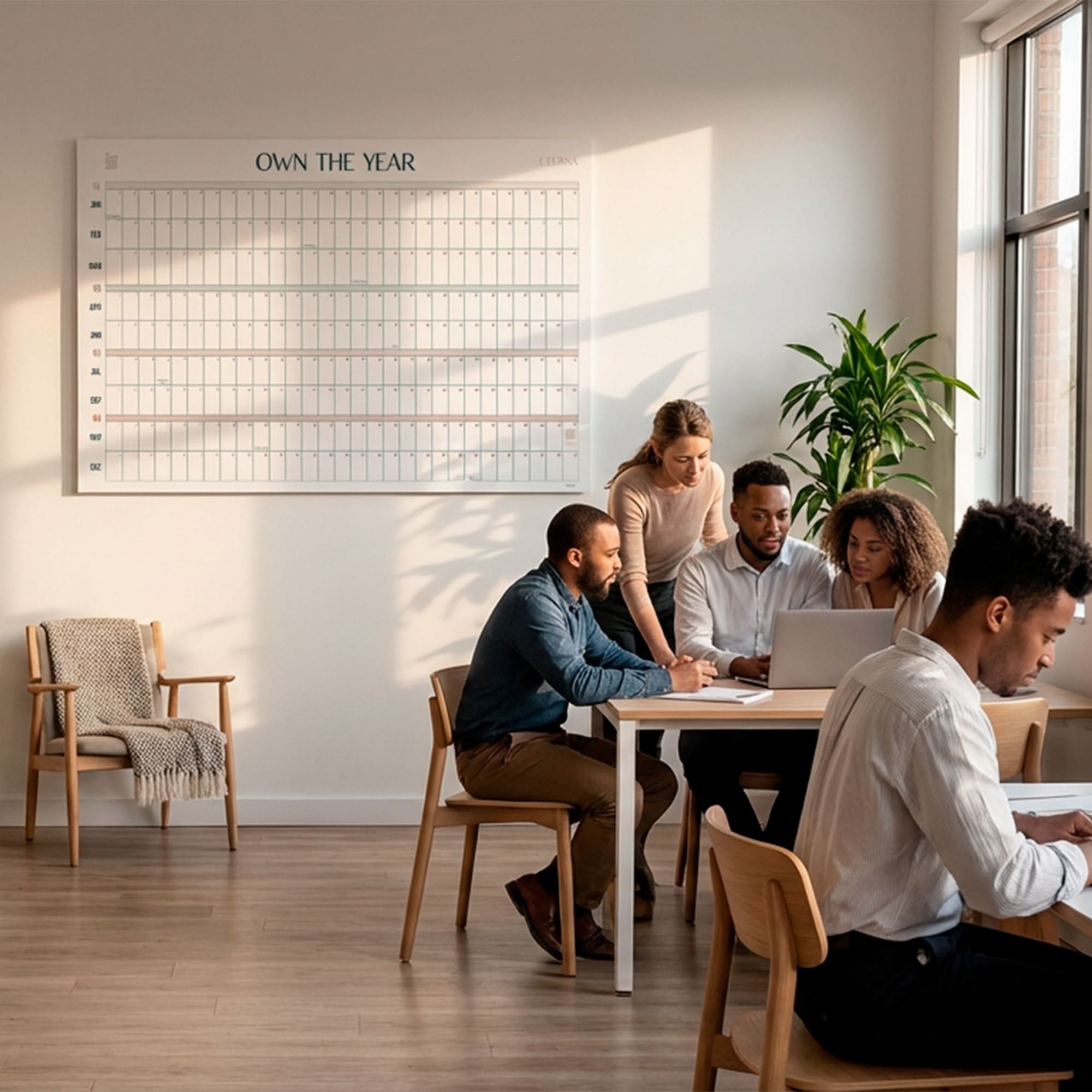 Five people collaborate in a bright office with large windows, a plant, and an Eterna Goods "Own the Year" Undated GIANT Dry Erase Wall Calendar (4ft x 3ft full year planner) displayed on the wall.