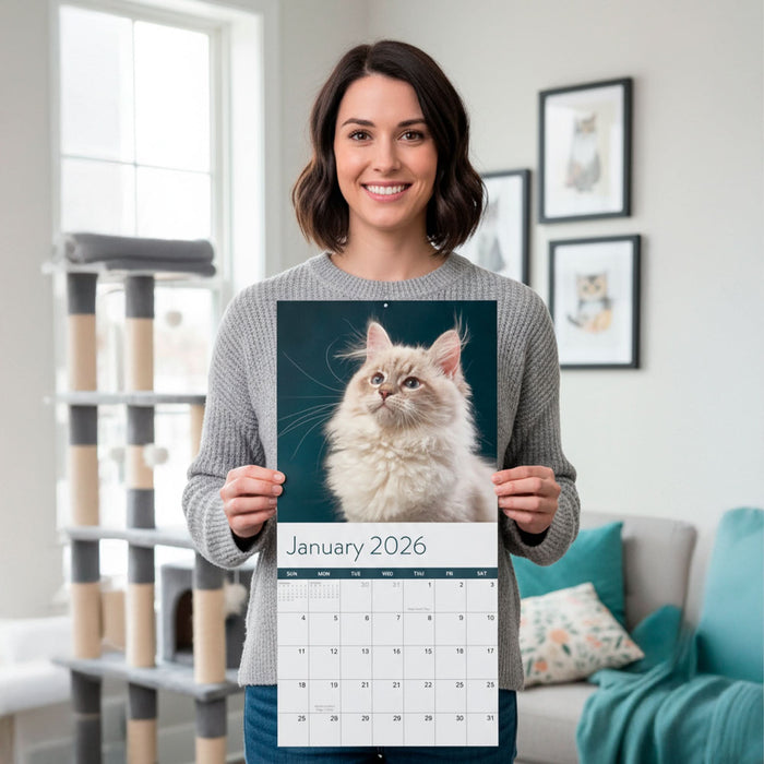 A woman stands indoors holding the 2026 Cats Wall Calendar by Eterna Goods, which displays a fluffy cat photo. Cat-themed decor in the background enhances the cozy and charming atmosphere.