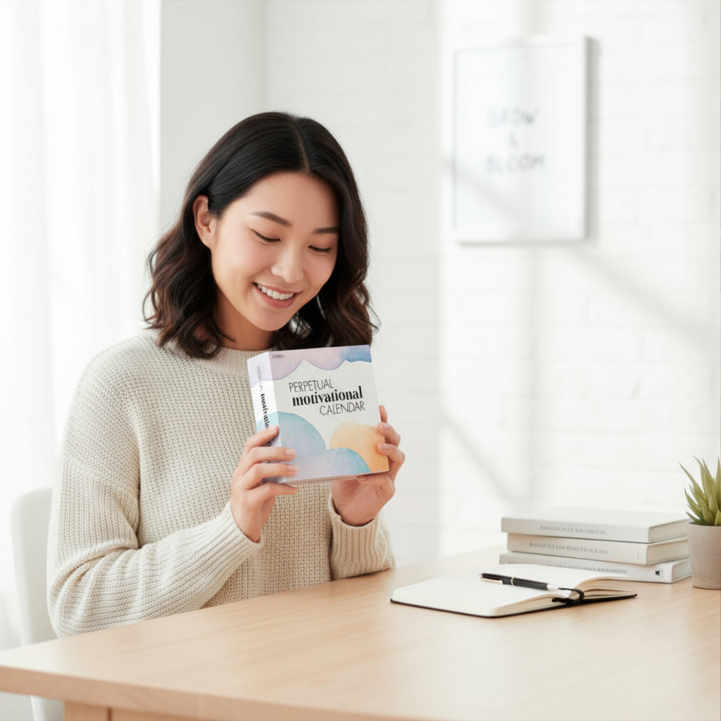 A woman sits at a desk in a bright room, smiling as she holds the Eterna Goods Motivational Perpetual Calendar, with an open notebook, pen, and small plant in front of her.