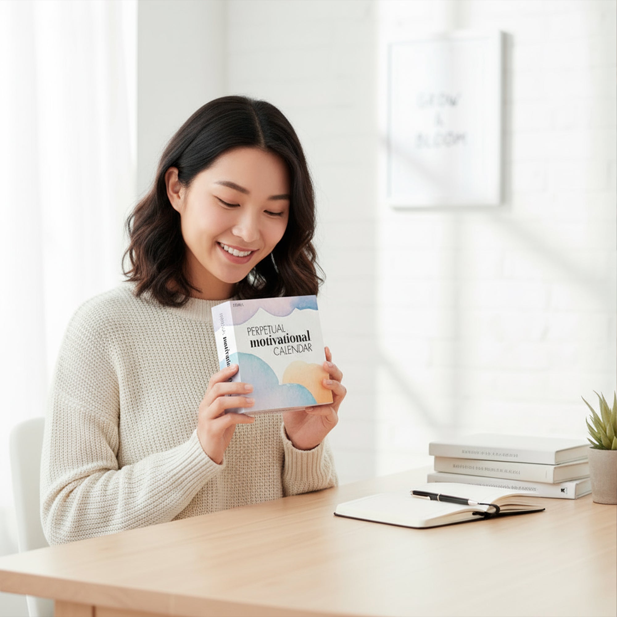 A woman sits at a desk in a bright room, smiling as she holds the Eterna Goods Motivational Perpetual Calendar, with an open notebook, pen, and small plant in front of her.