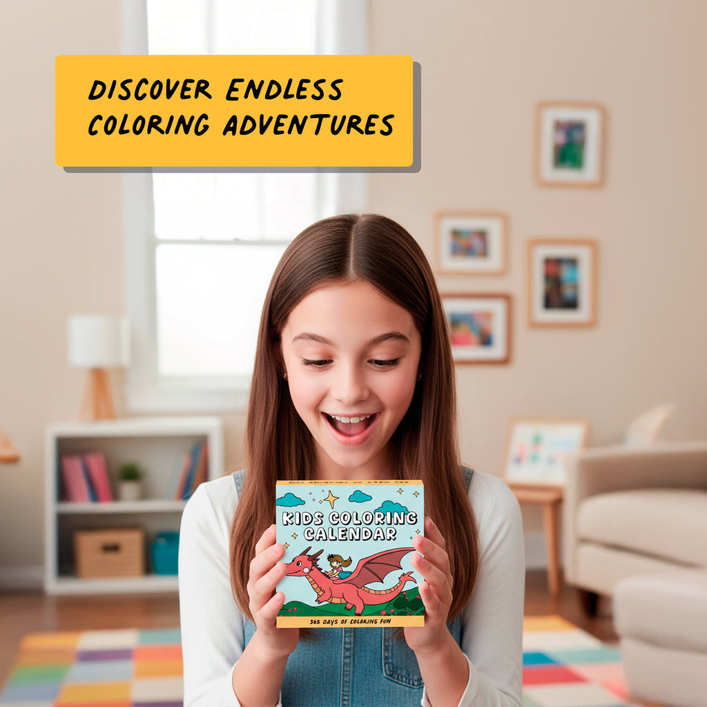 A girl smiles in her living room, holding the "Kids Coloring Calendar" by Charlie's Treasures; above her, a sign says, “Discover endless mindfulness coloring adventures.”.