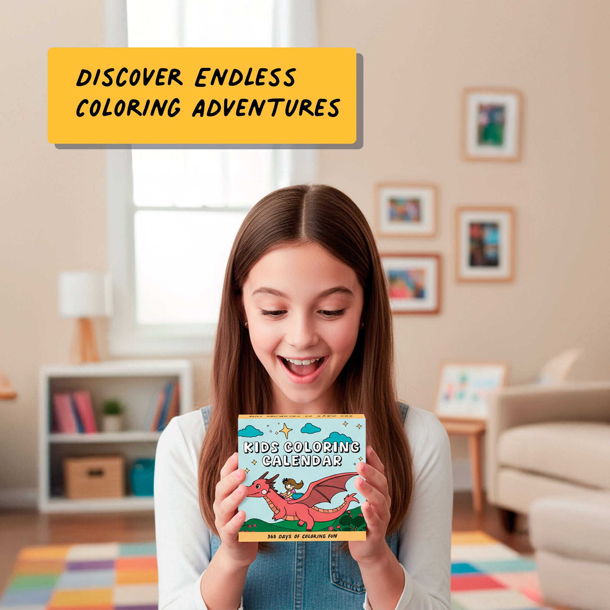 A girl smiles in her living room, holding the "Kids Coloring Calendar" by Charlie's Treasures; above her, a sign says, “Discover endless mindfulness coloring adventures.”.