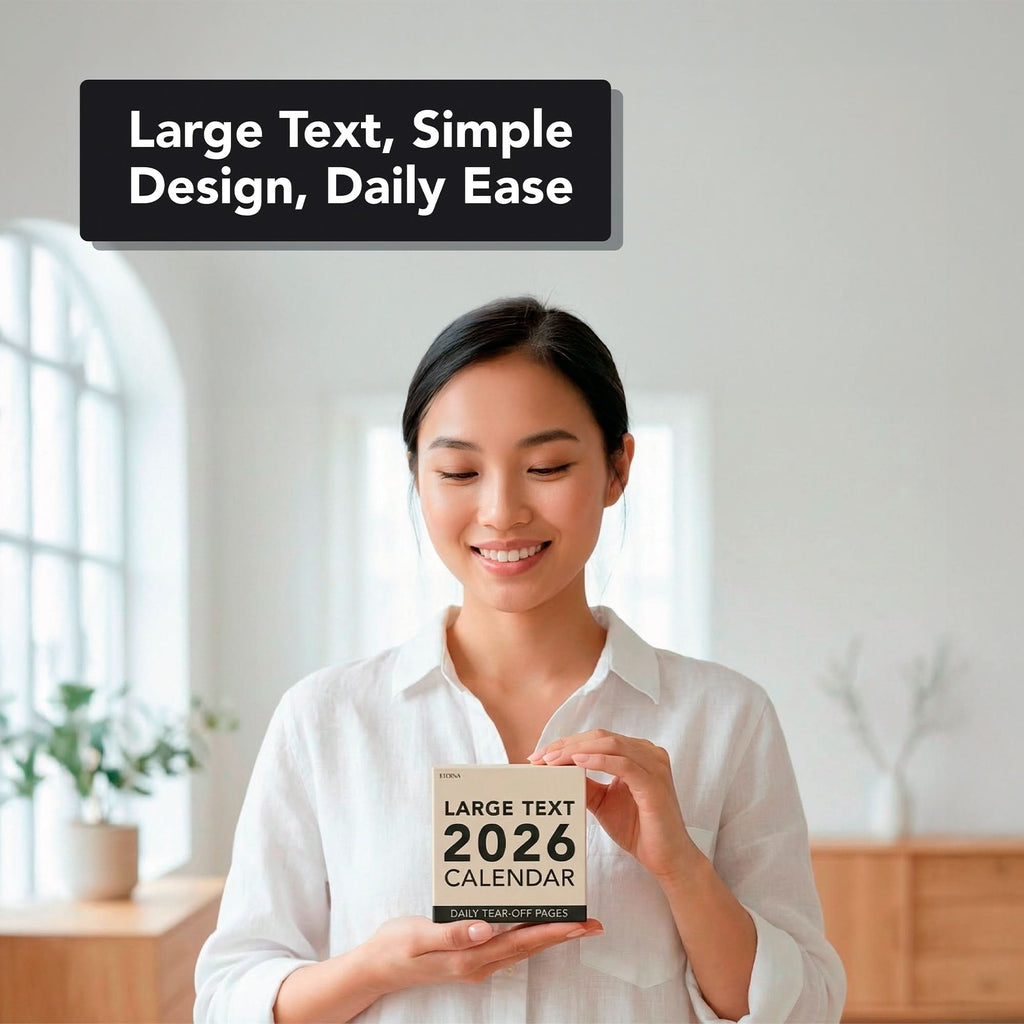 A woman in a white shirt holds the Eterna Goods 2026 Large Text Calendar in a bright, minimalist room. Above her: "Large Text, Simple Design, Daily Ease." Ideal for daily mindfulness practices.