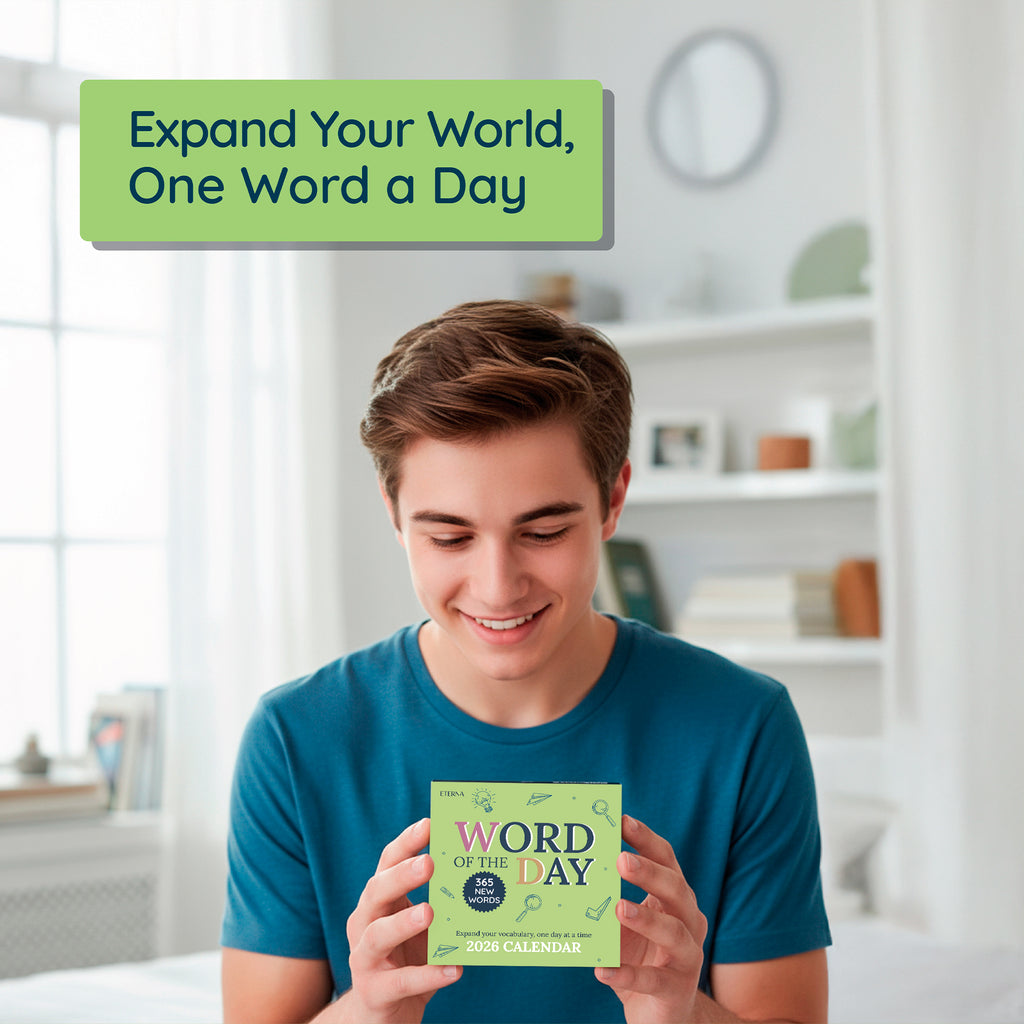 A young man smiles on his bed holding the 2026 Word Of The Day Calendar by Eterna Goods; a sign above reads, "Expand Your World, One Word a Day." This fun calendar helps him build vocabulary and discover something new daily.