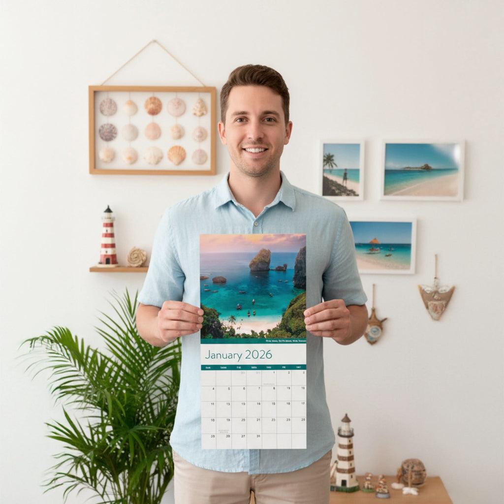 A man stands indoors holding the Eterna Goods 2026 Beaches Wall Calendar open to January, with beach-themed decor, framed coastal photography, and seashells in the background.