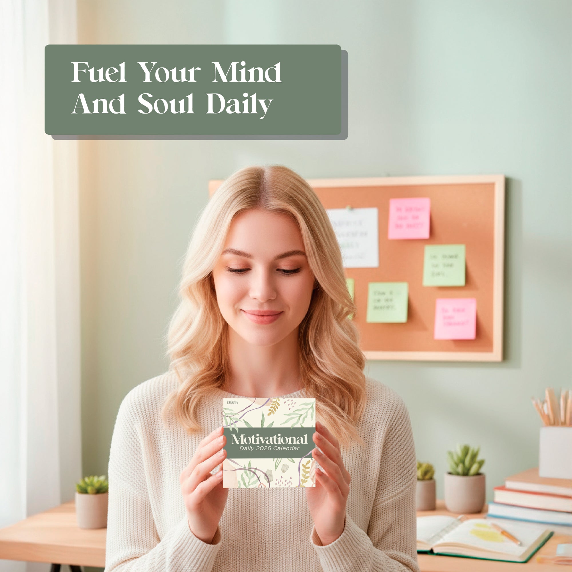 A woman holds the Eterna Goods 2026 Motivational Calendar in her home office, surrounded by plants and a corkboard, next to a sign that says "Fuel Your Mind And Soul Daily.