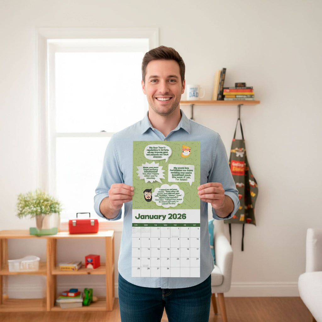 A man stands in a bright room holding the That Is So Dad 2026 Dad Joke Wall Calendar, opened to January with cartoon speech bubbles at the top of the page.