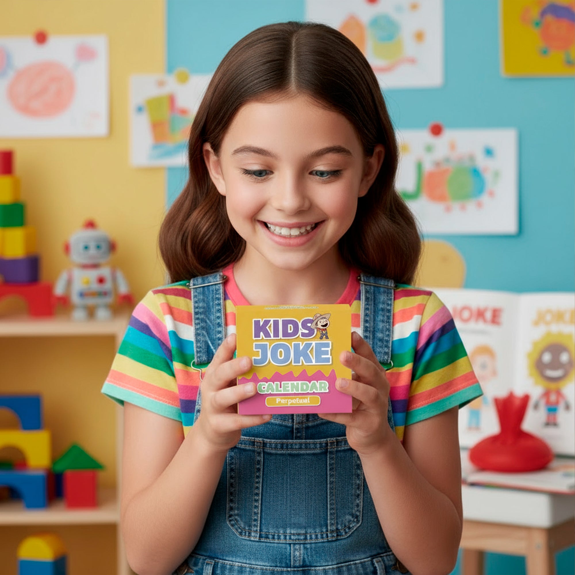 A smiling girl in a rainbow-striped shirt holds a "Perpetual Kids Jokes Calendar" by Charlie's Treasures—a fun desk calendar with daily jokes for kids—inside a vibrant classroom decorated with children's artwork and toys.