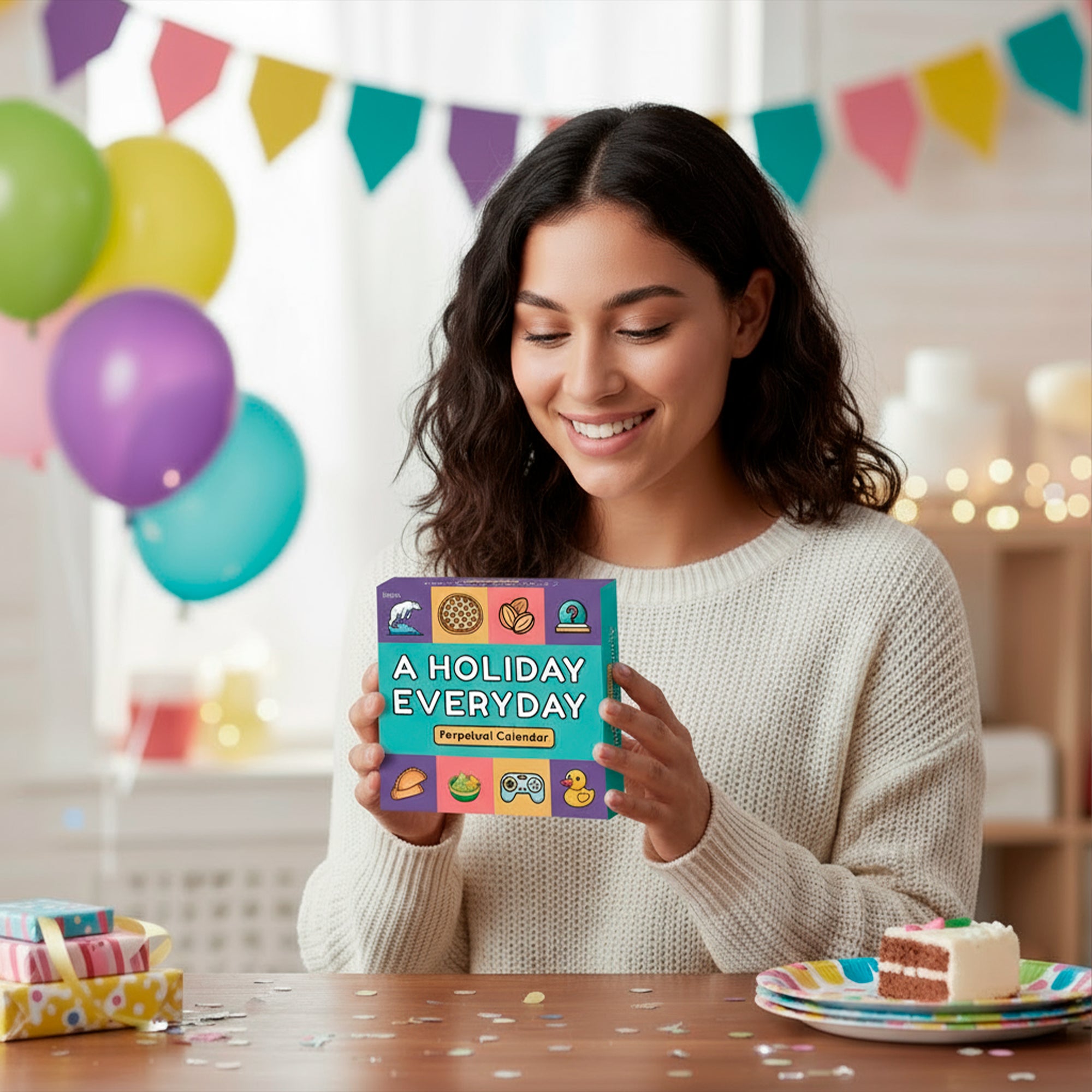 A woman sits at a decorated table holding Eterna Goods' A Holiday Everyday Perpetual Calendar, with balloons and a cake in the background—perfect for discovering unique daily celebrations.