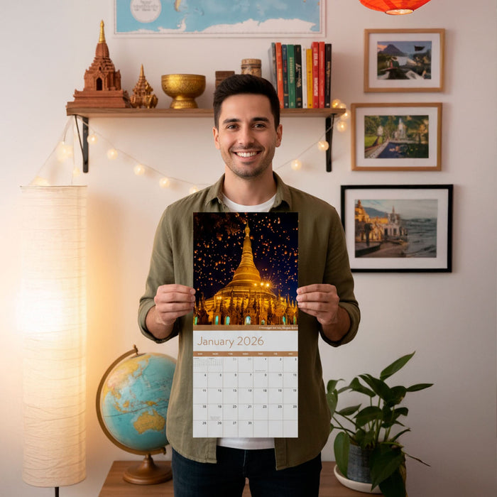 A man stands indoors, smiling and holding open the Eterna Goods 2026 Travel Inspiration Wall Calendar to January, which features a nighttime lit pagoda photo; travel-themed decor and coastal photography accents appear in the background.