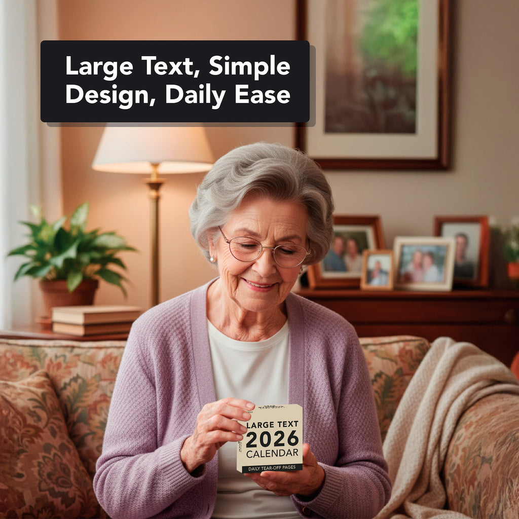 An elderly woman sits on a sofa holding the 2026 Large Text Calendar by Eterna Goods. Above her, text reads: "Large Print, Simple Design, Daily Ease.