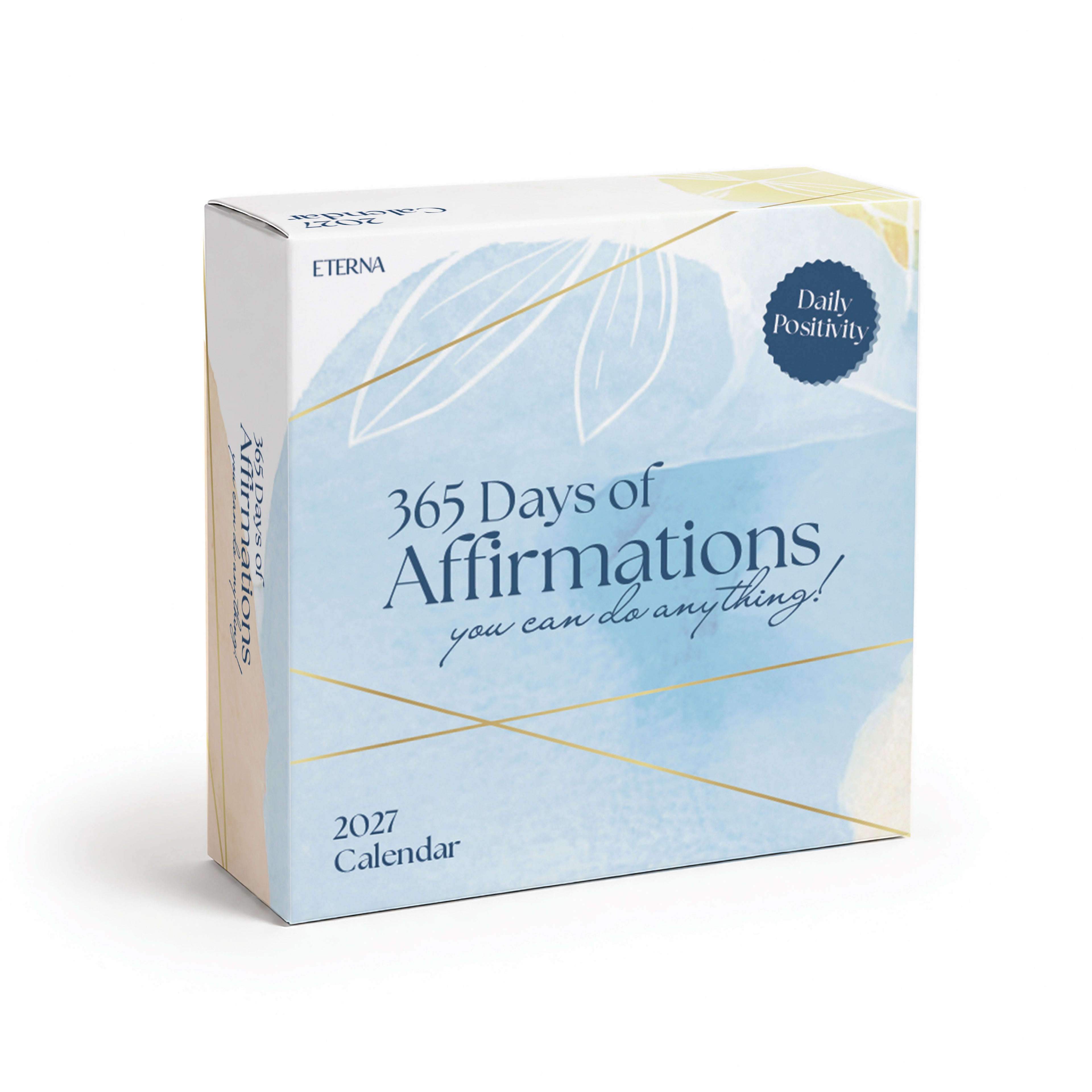 A box labeled "2026 Daily Affirmations Calendar" from Eterna Goods, featuring a blue and yellow design and a "Daily Positivity" badge, this calendar is perfect for filling each day with positive affirmations and mindfulness.