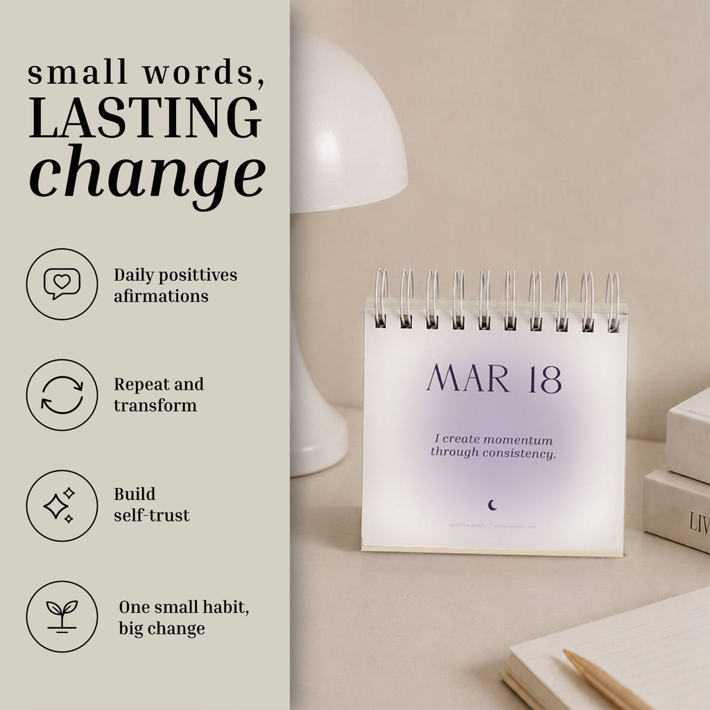 The Perpetual Affirmations Calendar by Eterna Goods displays "MAR 18" along with the uplifting message, "I create momentum through consistency." Beside the calendar, text highlights the benefits of positive affirmations and habit development, making this affirmations calendar from Eterna Goods an inspiring daily companion and a helpful prompt to nurture a positive mindset.