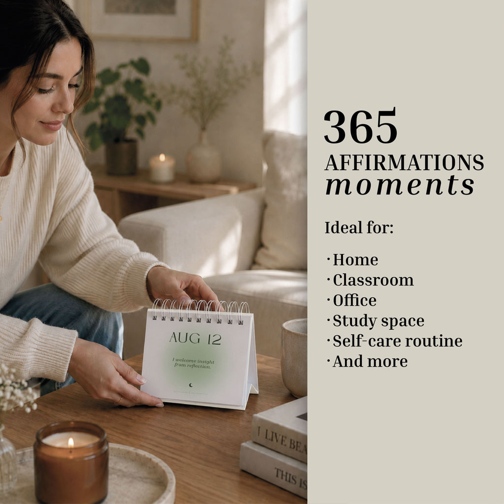 A woman sits at a table flipping through the Eterna Goods Perpetual Affirmations Calendar, embracing daily inspiration and fostering a positive mindset. Perfect for home, classroom, office, or self-care routines, this calendar offers moments of encouragement every day.