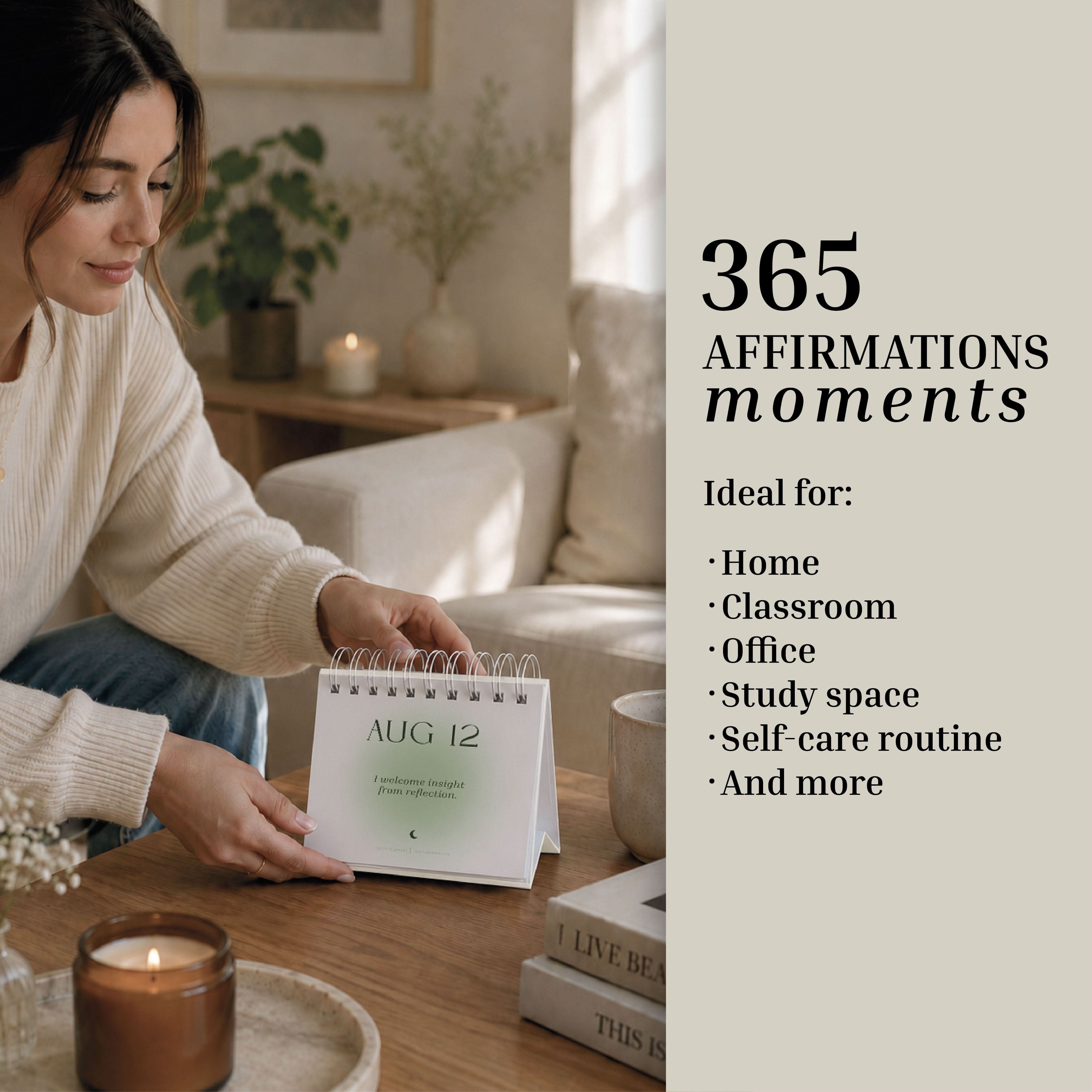 A woman sits at a table flipping through the Eterna Goods Perpetual Affirmations Calendar, embracing daily inspiration and fostering a positive mindset. Perfect for home, classroom, office, or self-care routines, this calendar offers moments of encouragement every day.