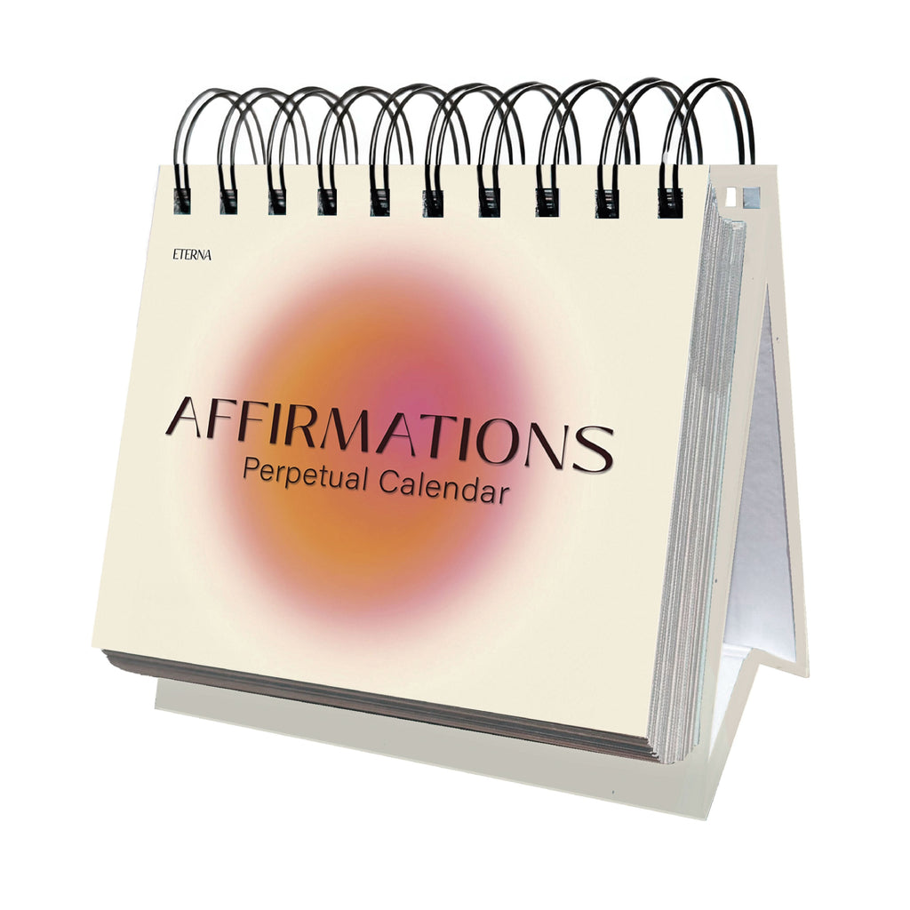 Introducing the "Perpetual Affirmations Calendar" by Eterna Goods—a spiral-bound, stand-up calendar featuring a soft gradient circle design on the cover, perfect for daily inspiration and nurturing a positive mindset.