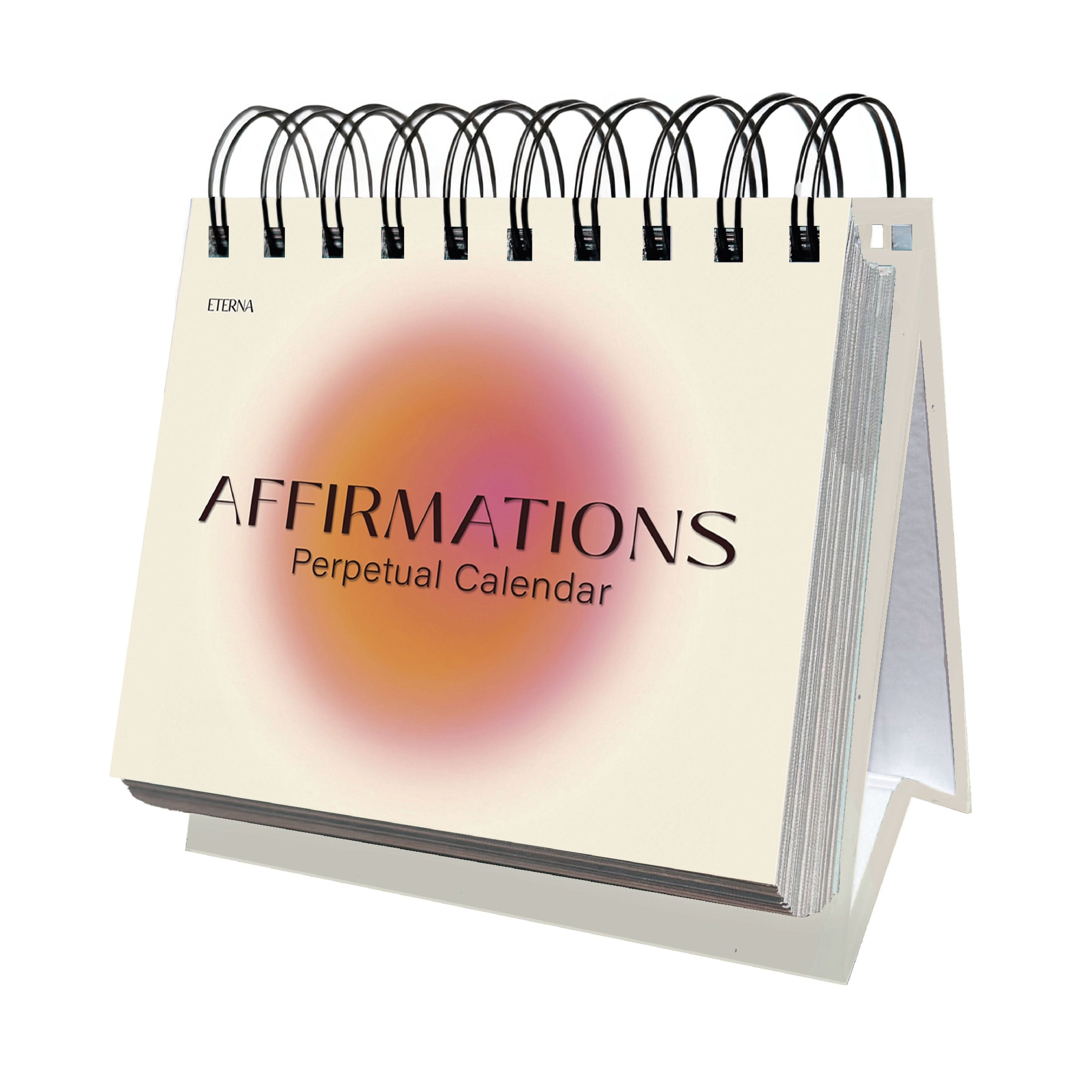 Introducing the "Perpetual Affirmations Calendar" by Eterna Goods—a spiral-bound, stand-up calendar featuring a soft gradient circle design on the cover, perfect for daily inspiration and nurturing a positive mindset.
