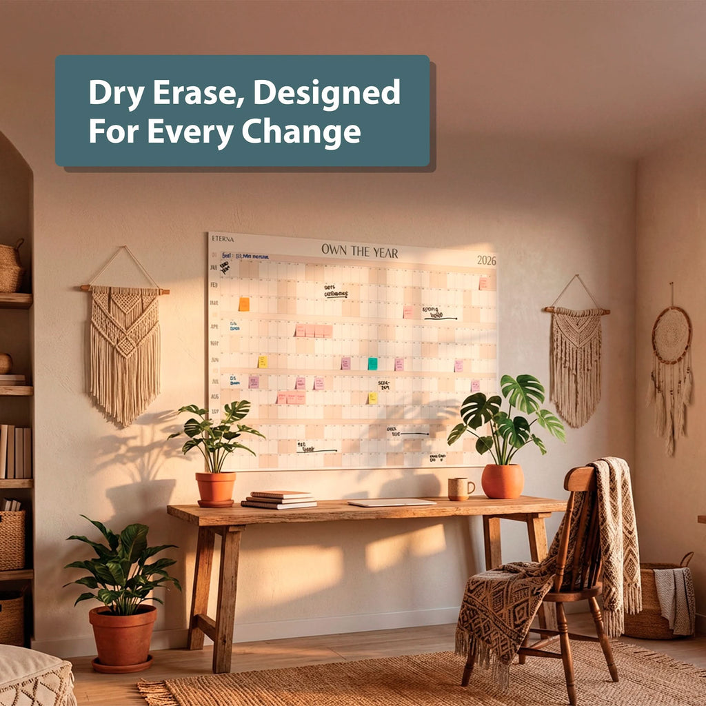 A home office with a wooden desk, potted plants, and an Own The Year Calendar by Eterna Goods covering the wall; text reads, “Dry Erase, Designed For Every Change.”.