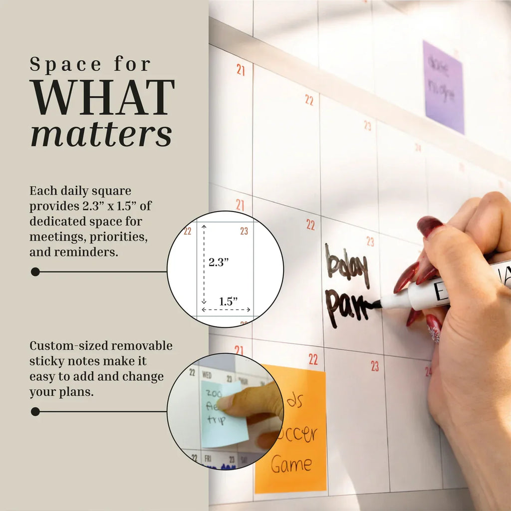 Handwriting on the Own The Year Calendar by Eterna Goods, an undated wall calendar with sticky notes attached, displays spacious daily squares providing ample room for reminders and updates. This giant dry erase calendar makes organizing schedules and important events effortless.
