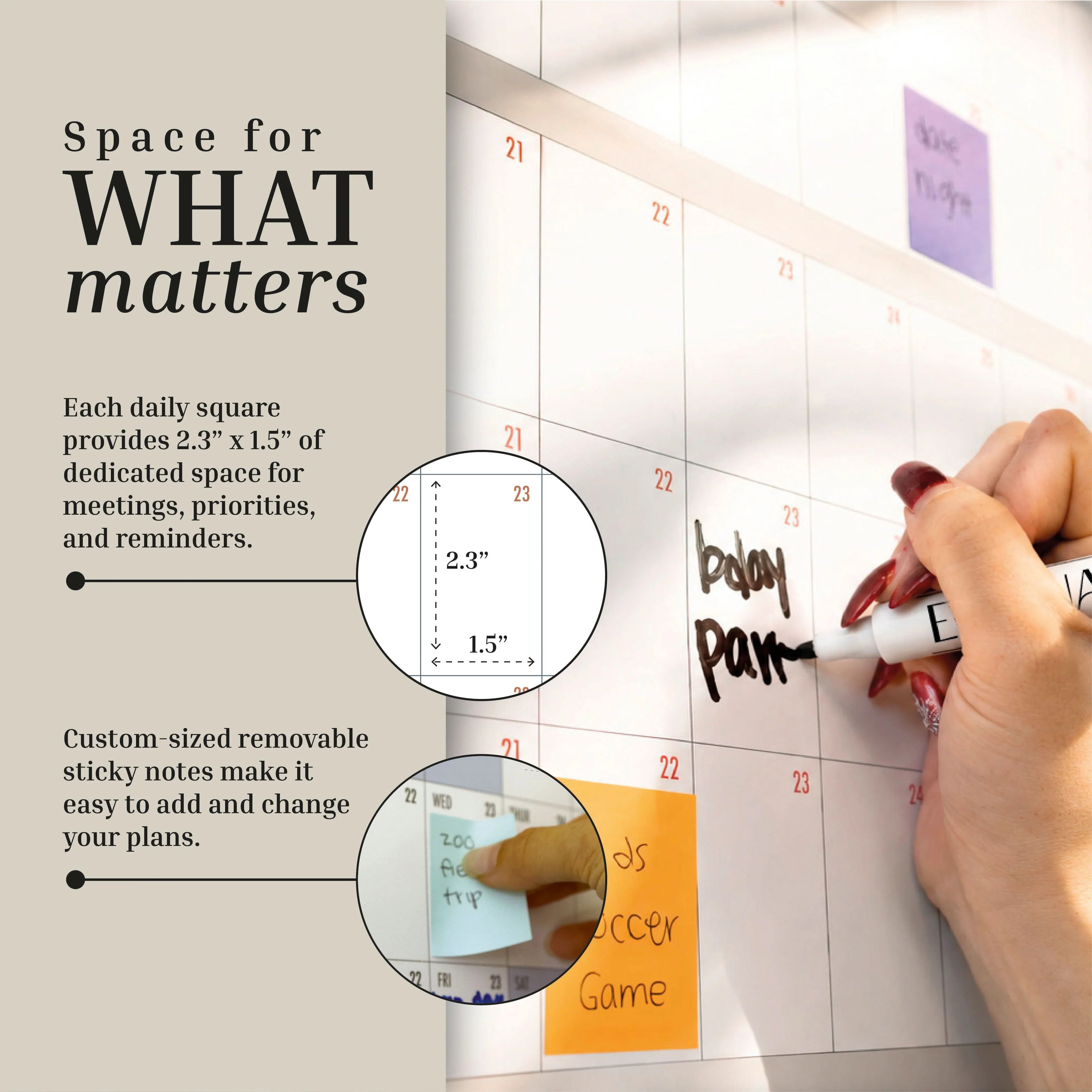 Capture your schedule on the Own The Year Midyear / Academic Calendar from Eterna Goods, featuring spacious labeled squares for handwritten notes. Close-up insets display the generous square dimensions and removable sticky notes, while highlighted text emphasizes ample space for reminders and adaptable planning—making this academic wall planner the perfect tool to stay organized all year long.