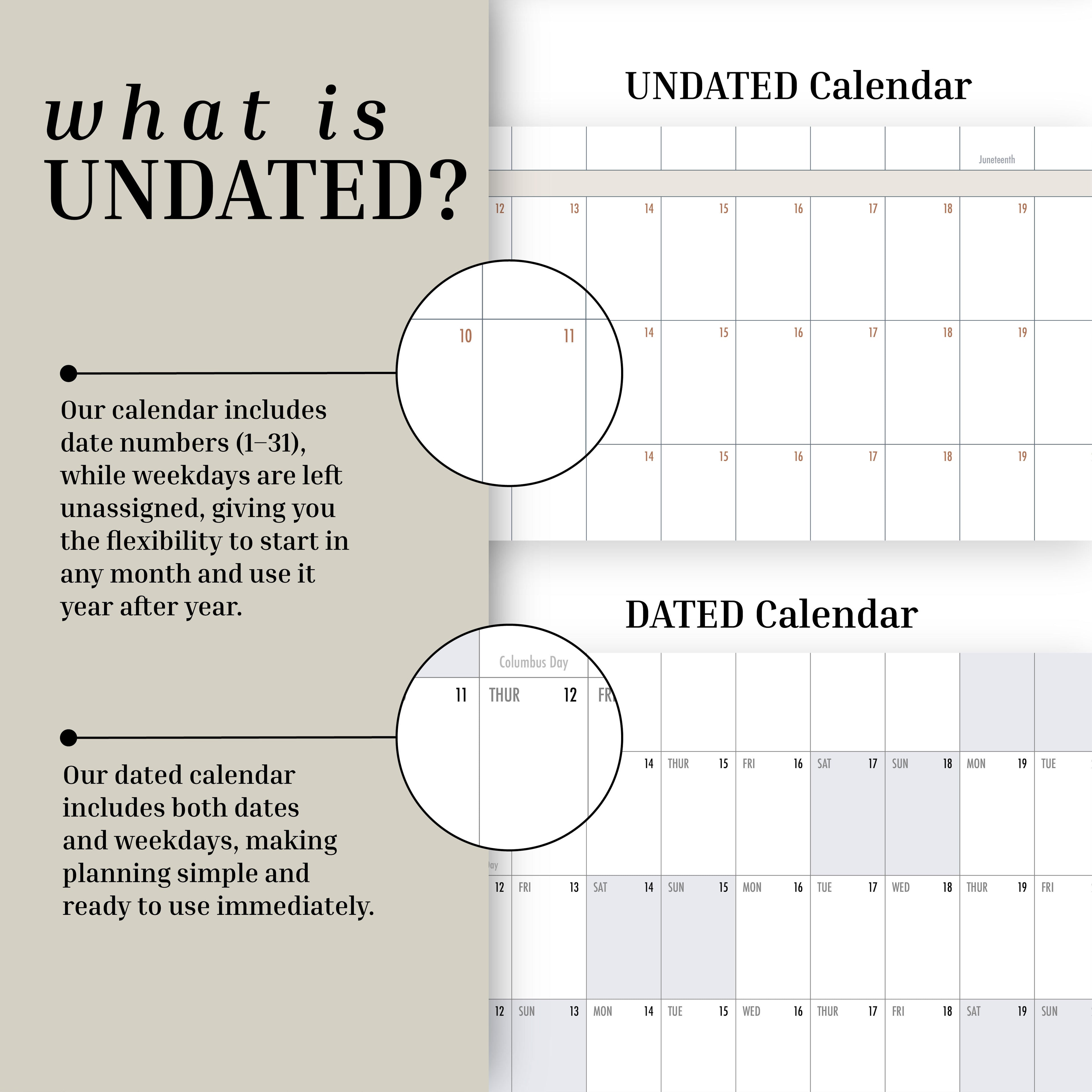 Compare the Eterna Goods Undated Own The Year Calendar—a reusable giant dry-erase wall calendar with numbered days—to traditional dated calendars with labeled days and weekdays for flexible or immediate planning.