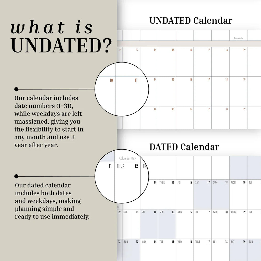 An undated wall calendar, like the Own The Year Calendar from Eterna Goods, features only numbered days so you can begin planning whenever you choose. By comparison, a dated calendar—such as an academic wall planner or a giant dry erase wall calendar—shows both the dates and weekdays, allowing for more streamlined scheduling and efficient organization.