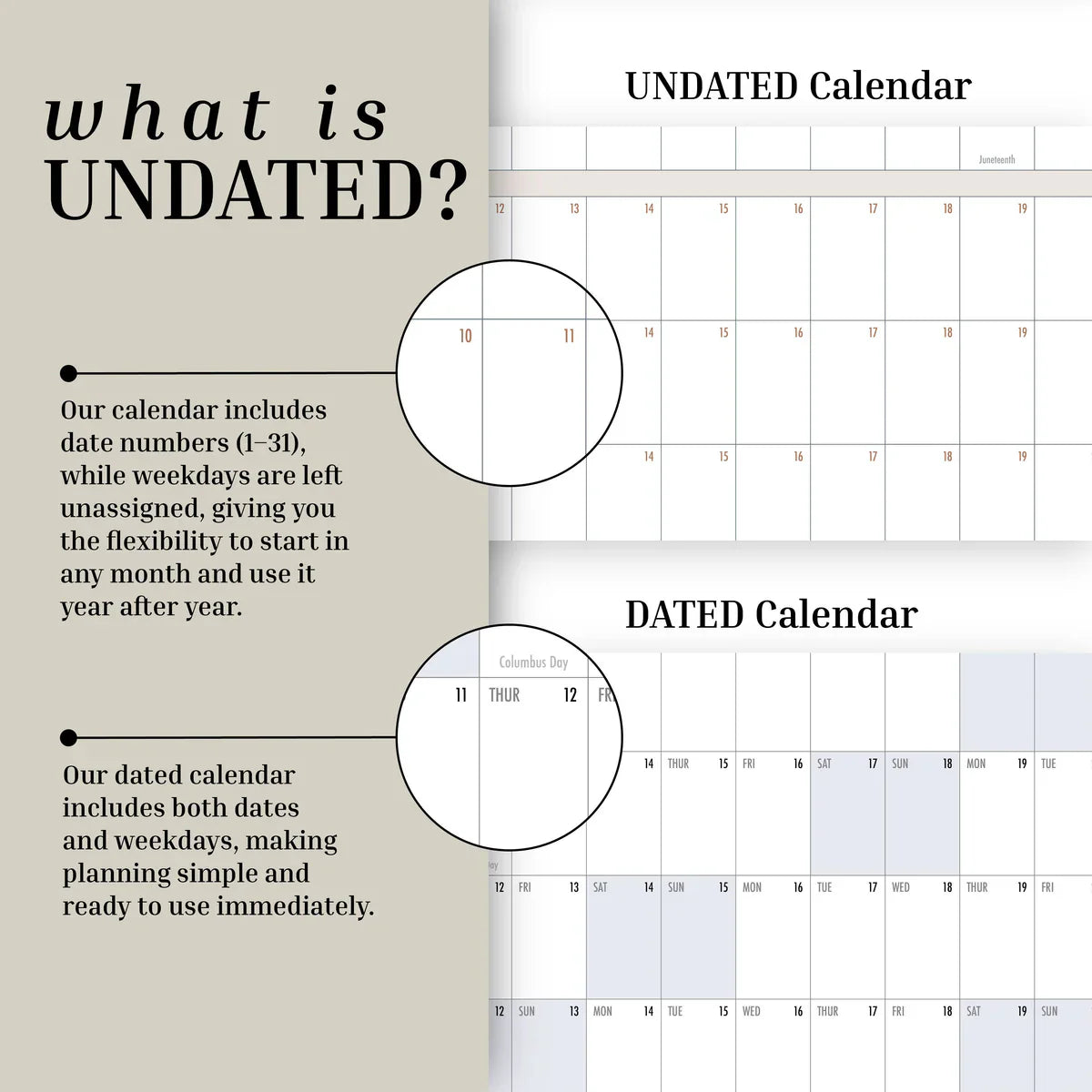 An undated wall calendar, like the Own The Year Calendar from Eterna Goods, features only numbered days so you can begin planning whenever you choose. By comparison, a dated calendar—such as an academic wall planner or a giant dry erase wall calendar—shows both the dates and weekdays, allowing for more streamlined scheduling and efficient organization.