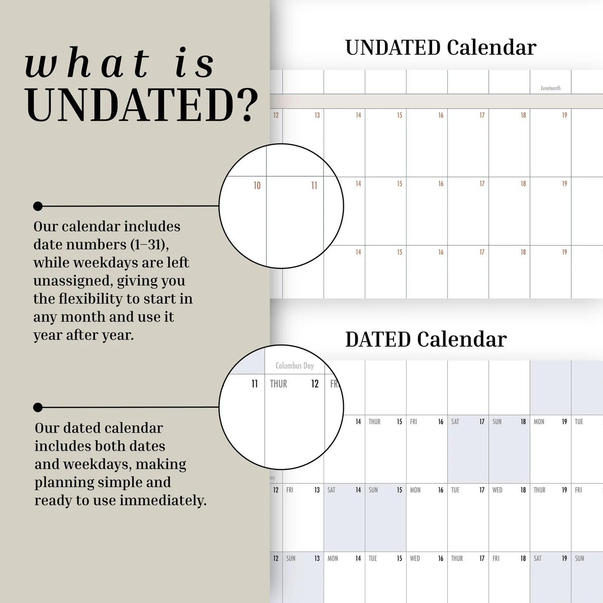 Comparison of undated and dated calendars, showing that undated calendars display only date numbers, while dated calendars—such as the Eterna Goods Own The Year Giant Dry Erase Calendar—include both dates and weekdays.