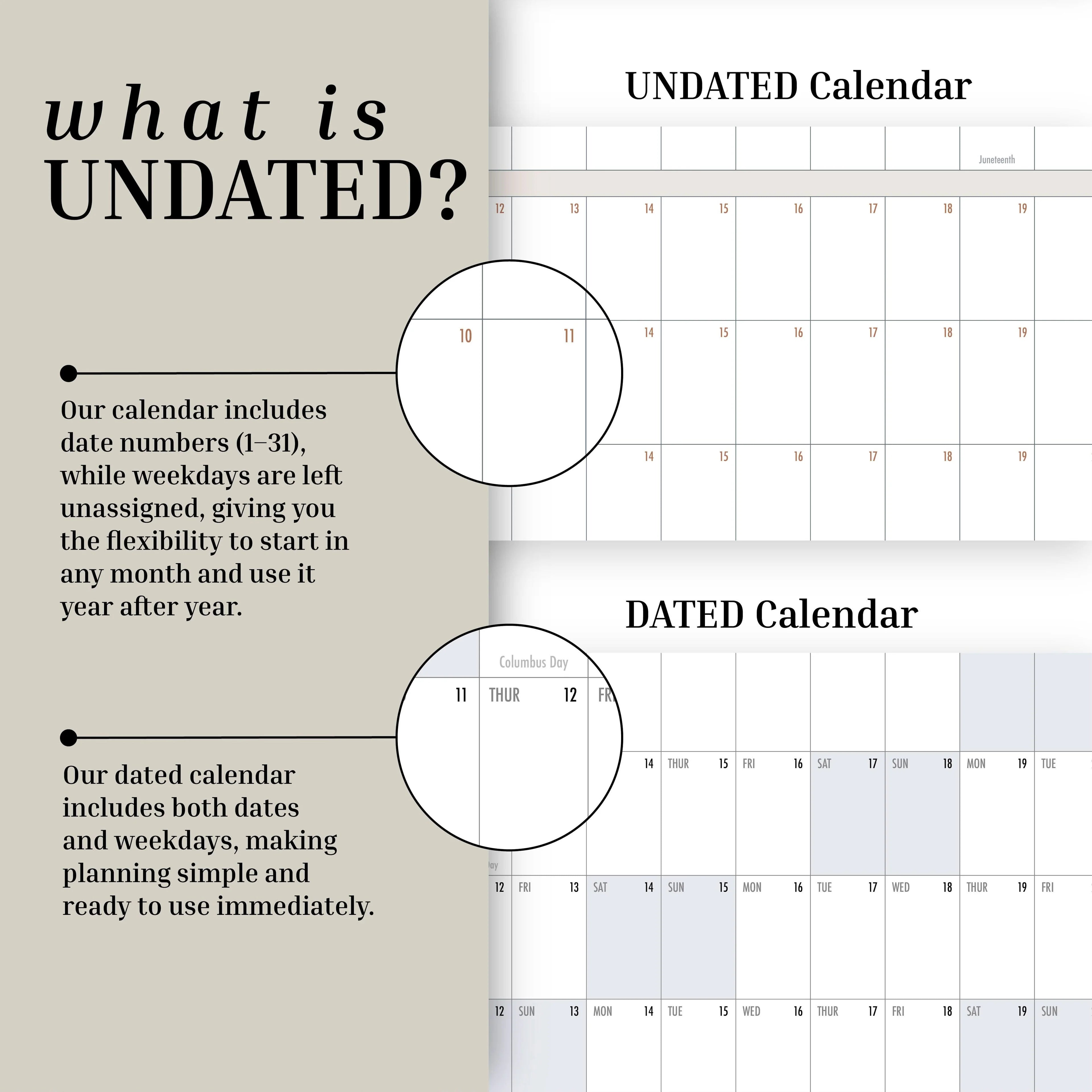 Comparison of undated and dated calendars: undated styles show numbered days without weekdays, while a dated format—such as the Own The Year Midyear / Academic Calendar by Eterna Goods, a giant dry erase wall calendar—displays days alongside their corresponding weekday names, making scheduling on an academic wall planner even more efficient.