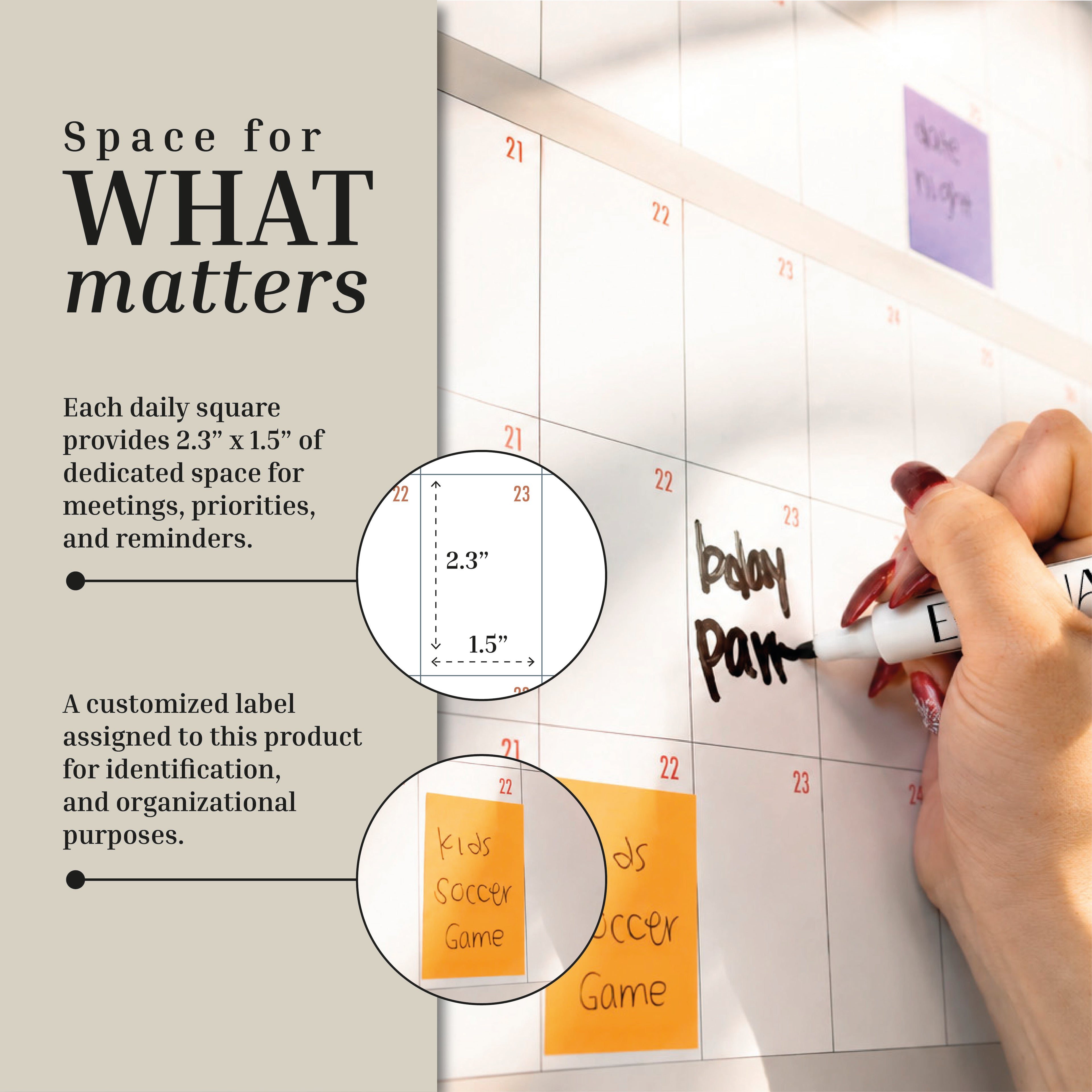 A hand writes "bday party" on the Eterna Goods Undated Own The Year Calendar's large wall planner, featuring labeled daily squares and event sticky notes like "Kids Soccer Game" attached to the oversized dry erase calendar.