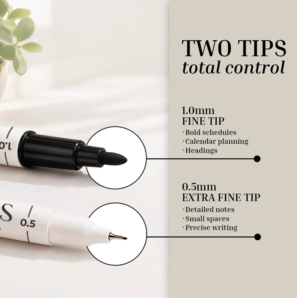Close-up of two Eterna Goods marker pens with 1.0mm and 0.5mm tips, designed for bold schedules, headings, detailed notes, and precise writing—perfect companions for your Ultimate Undated Own The Year Calendar Bundle.