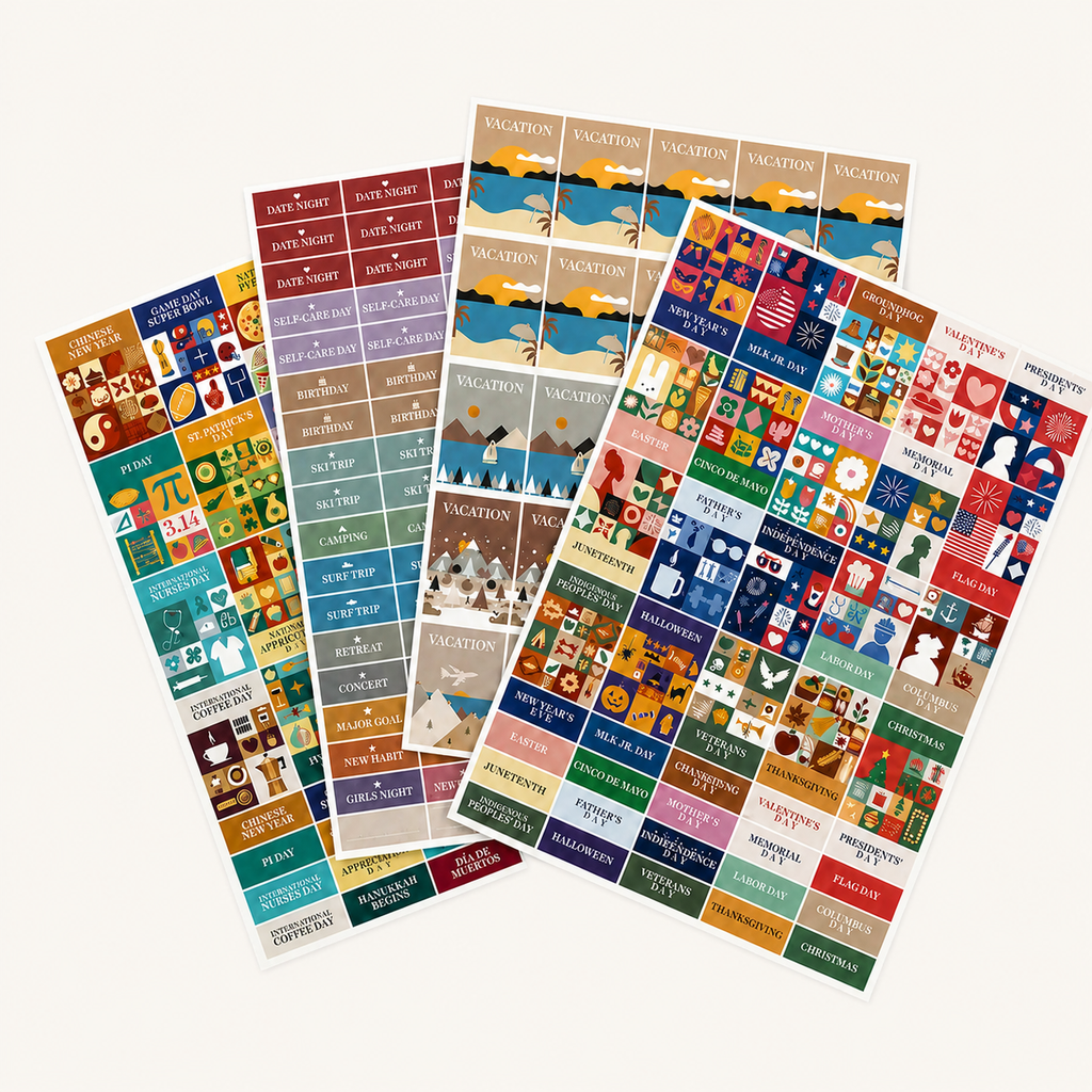 Four sheets of colorful, rectangular planner stickers from Eterna Goods’ Holiday Sticker Pack feature icons and labels for holidays, events, activities, and reminders, all arranged in neat rows on a white background. This vibrant set is perfect for anyone looking to brighten up their calendar with festive and functional stickers.