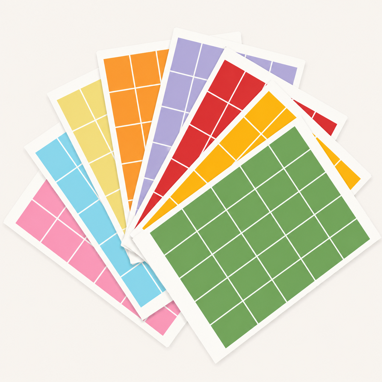 Eight sheets of Eterna Goods Planning Block Stickers are fanned out, each in a distinct color and divided into a grid of equal-sized rectangles—making them ideal for efficient organization as planning stickers or wall calendar stickers.