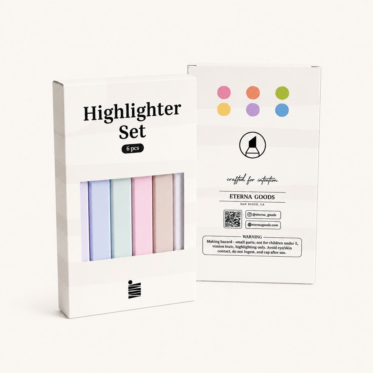 Two white boxes labeled “Highlighter Set” by Eterna Goods—one facing front to display six pastel chisel tip highlighters with low-bleed ink, and the other turned to show the back featuring colored dots, Eterna Goods branding, and product information.