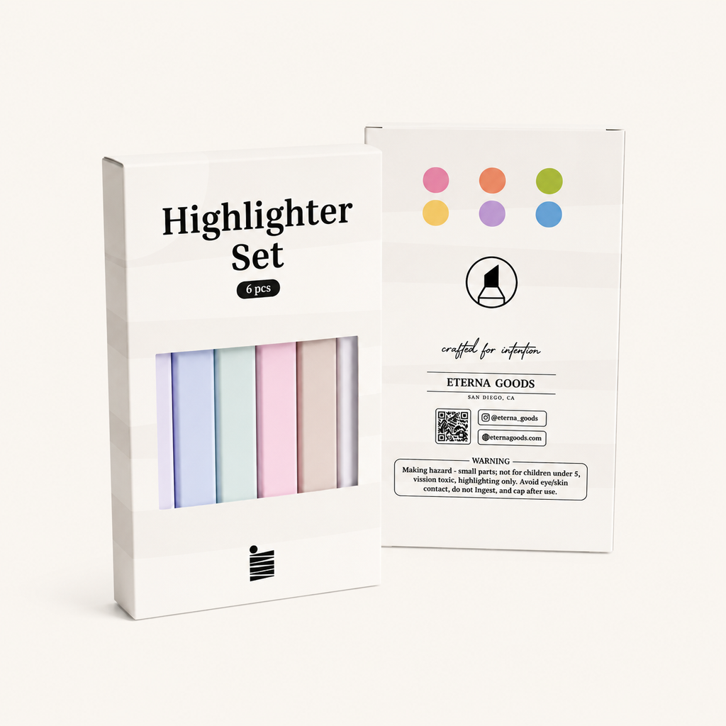 Two white boxes labeled “Highlighter Set” by Eterna Goods—one facing front to display six pastel chisel tip highlighters with low-bleed ink, and the other turned to show the back featuring colored dots, Eterna Goods branding, and product information.