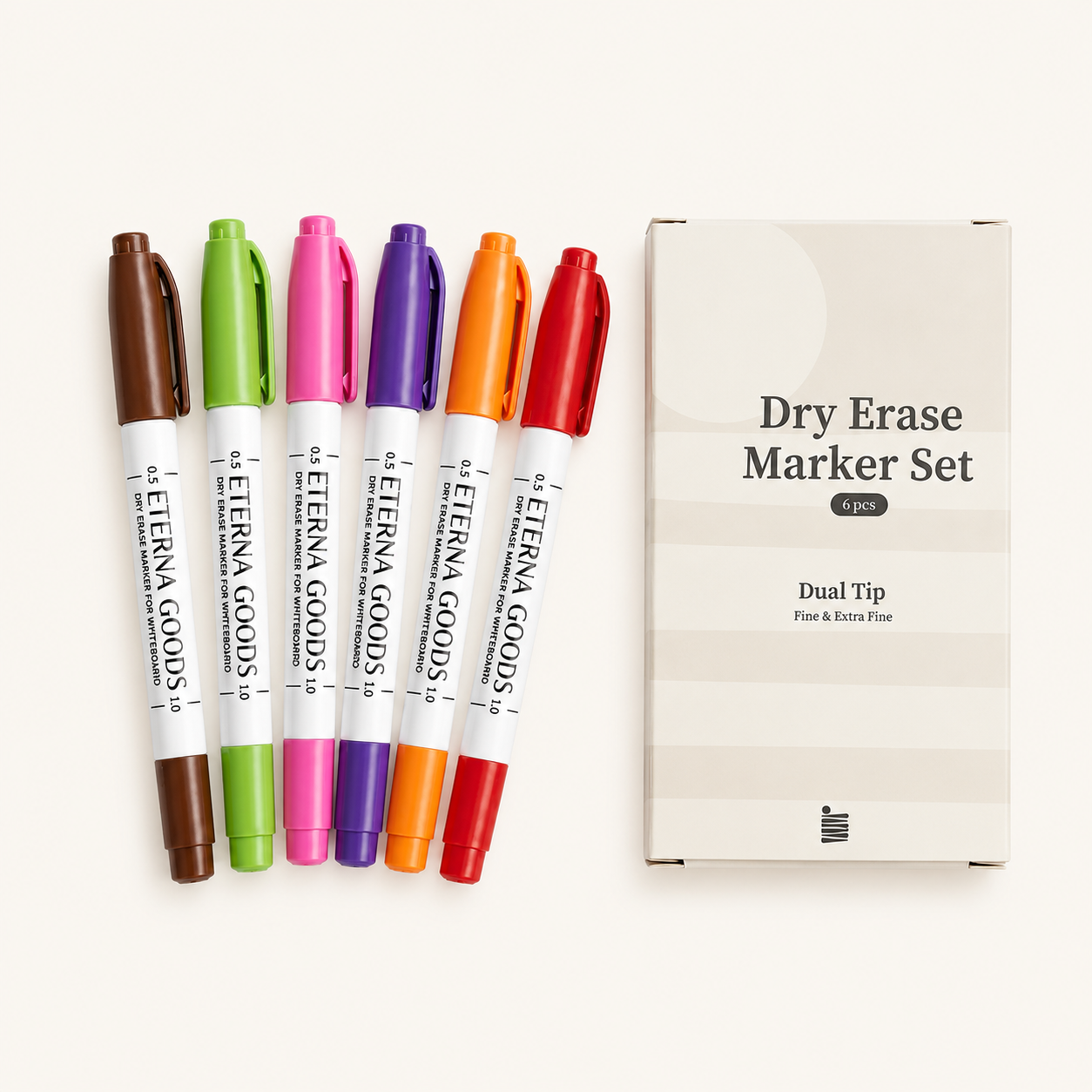 Six vibrant dual-tip dry erase markers, each equipped with a fine tip for precise writing, are arranged beside a white box labeled “Fine Tip Dry Erase Marker Set, 6 pcs, Dual Tip, Fine & Extra Fine” from Eterna Goods.