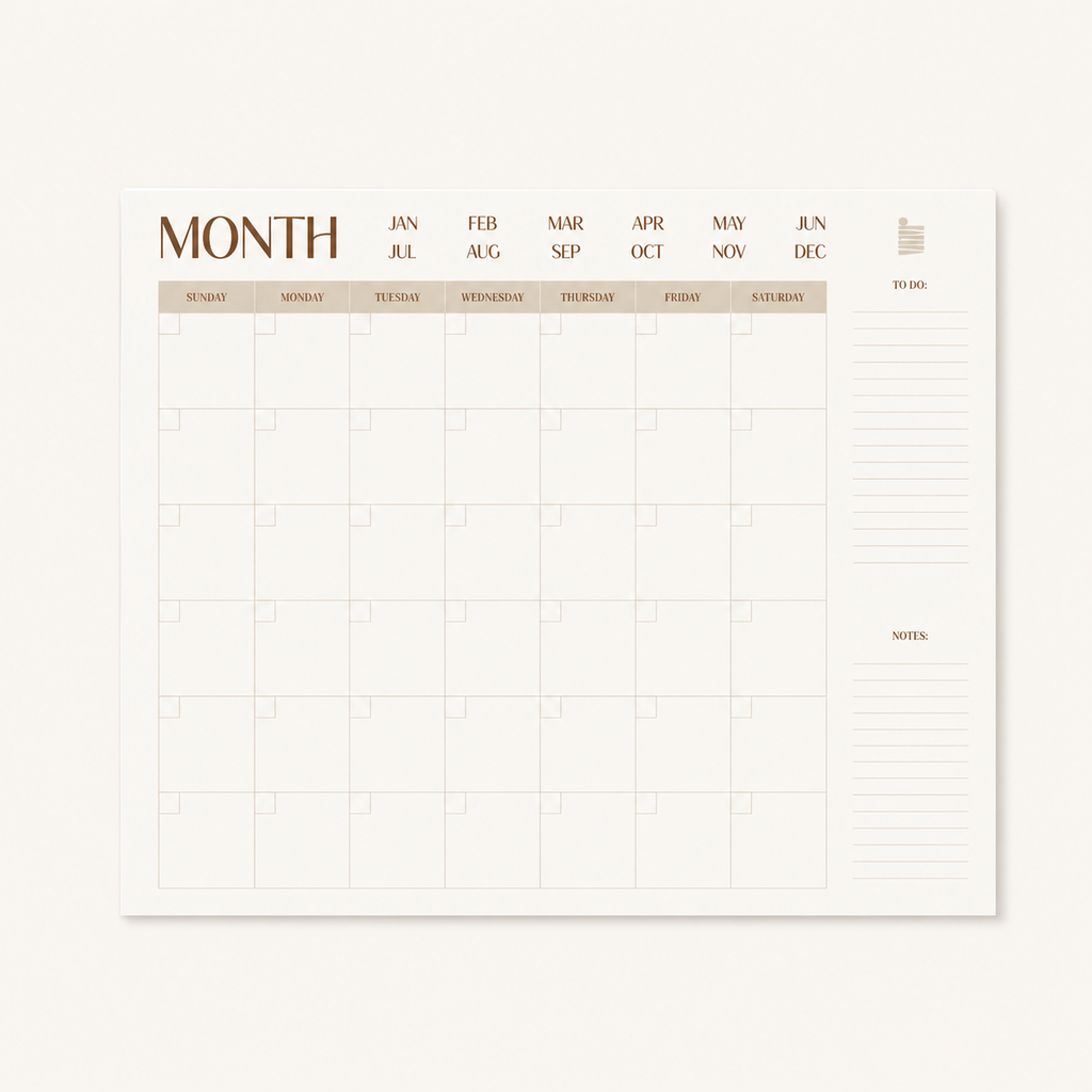 Introducing the Eterna Goods Undated 12-Month Flat Desk Calendar (22″ x 17″): this spacious monthly planner features blank date squares, a dedicated area to write the month and days of the week, along with right-side columns for to-do lists and notes. Its convenient lay-flat design ensures your undated desk calendar stays organized and accessible all month long.