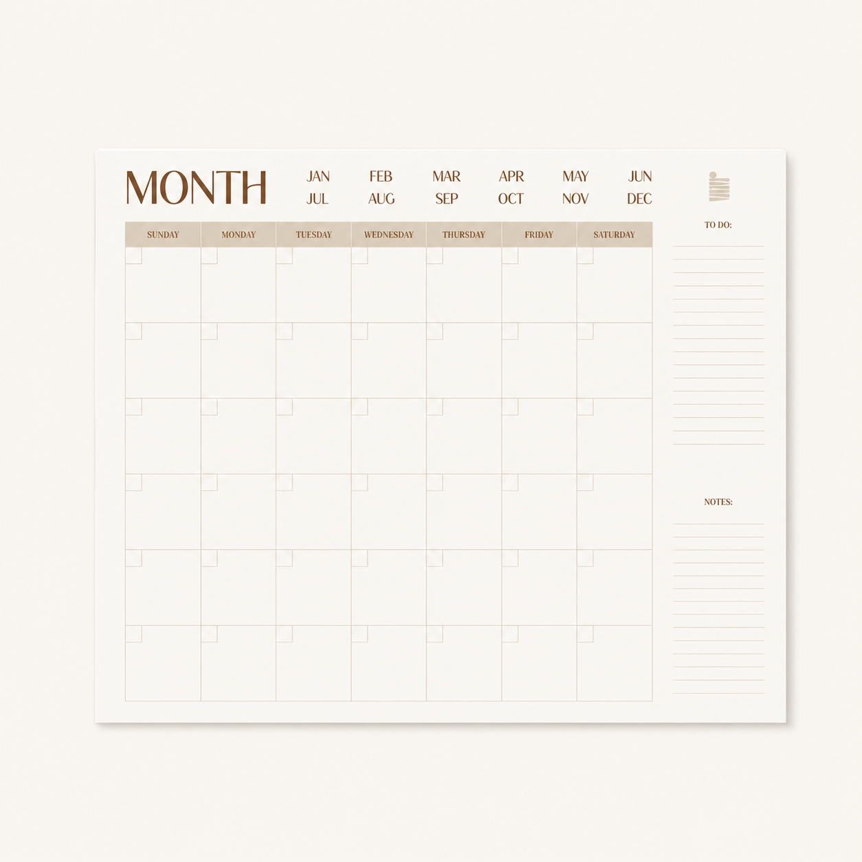 Introducing the Eterna Goods Undated 12-Month Flat Desk Calendar (22″ x 17″): this spacious monthly planner features blank date squares, a dedicated area to write the month and days of the week, along with right-side columns for to-do lists and notes. Its convenient lay-flat design ensures your undated desk calendar stays organized and accessible all month long.