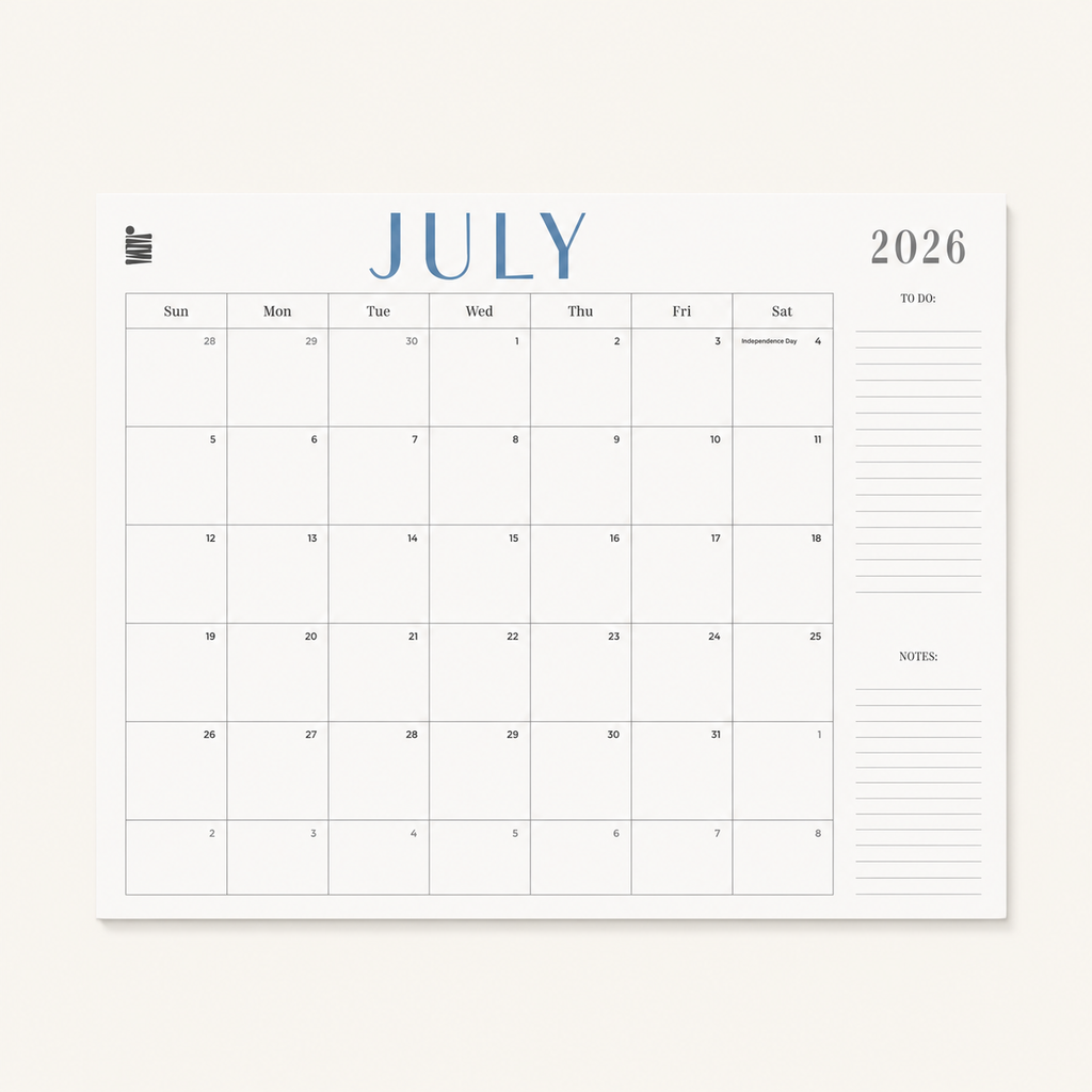 Introducing the Eterna Goods 2026-2027 18-Month Flat Desk Calendar (22″x17″): This July 2026 calendar page offers a clean layout with ample space for notes and a to-do list on the right side. Designed to lay flat, it features a Sunday-to-Saturday weekly format, making it an ideal tool for organizing your workspace.