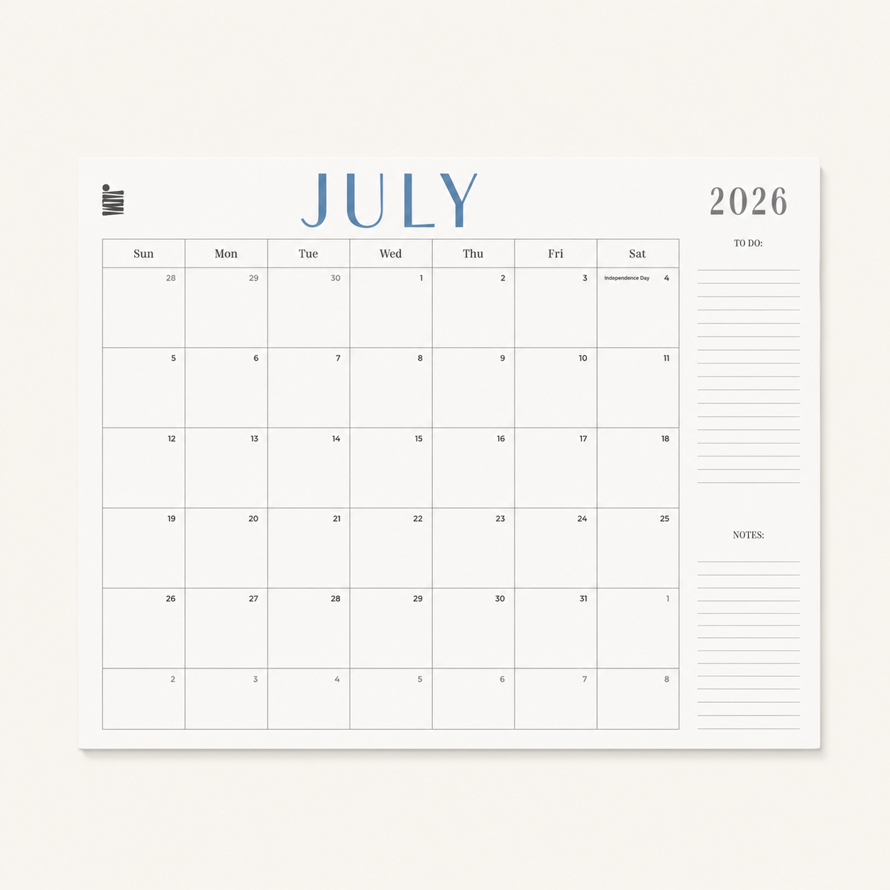 Introducing the Eterna Goods 2026-2027 18-Month Flat Desk Calendar (22″x17″): This July 2026 calendar page offers a clean layout with ample space for notes and a to-do list on the right side. Designed to lay flat, it features a Sunday-to-Saturday weekly format, making it an ideal tool for organizing your workspace.