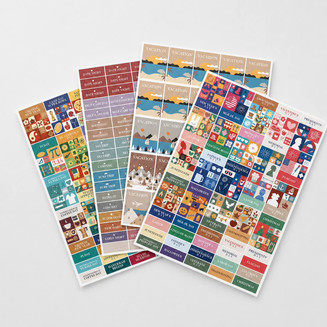 Eterna Goods' Holiday Sticker Pack (195 Stickers) displays four colorful, illustrated sheets on a white surface, each filled with themed stickers for various holidays and events labeled with text and graphics.