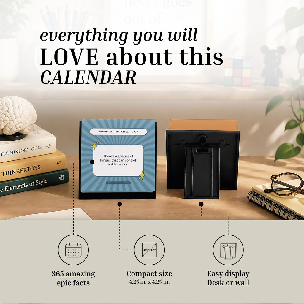 The 2027 Epic Facts Calendar by Eterna Goods is displayed with a page featuring an epic fact, surrounded by books and a plant, emphasizing its compact size and versatile display options.