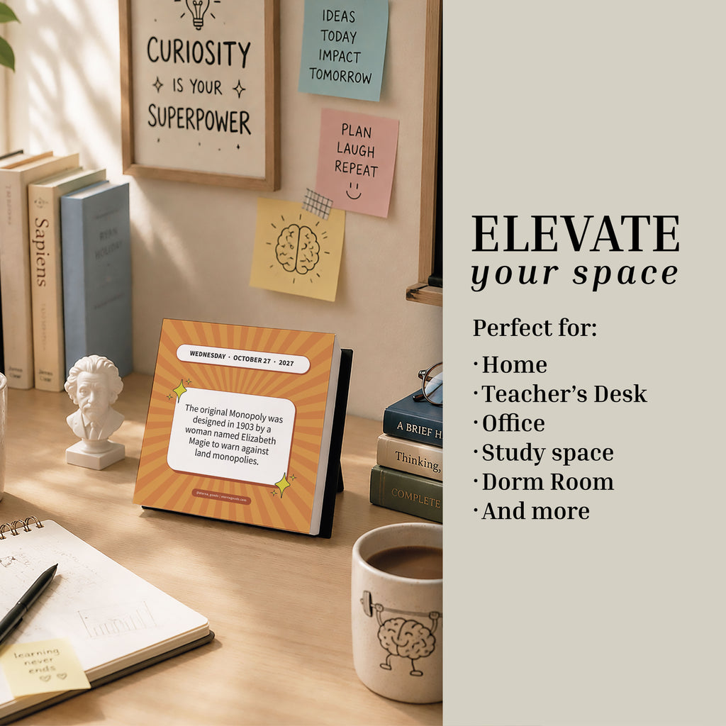 A tidy desk featuring books, the 2027 Epic Facts Calendar by Eterna Goods, a notebook, and inspiring notes sits beside text promoting decor for homes, offices, and study spaces.