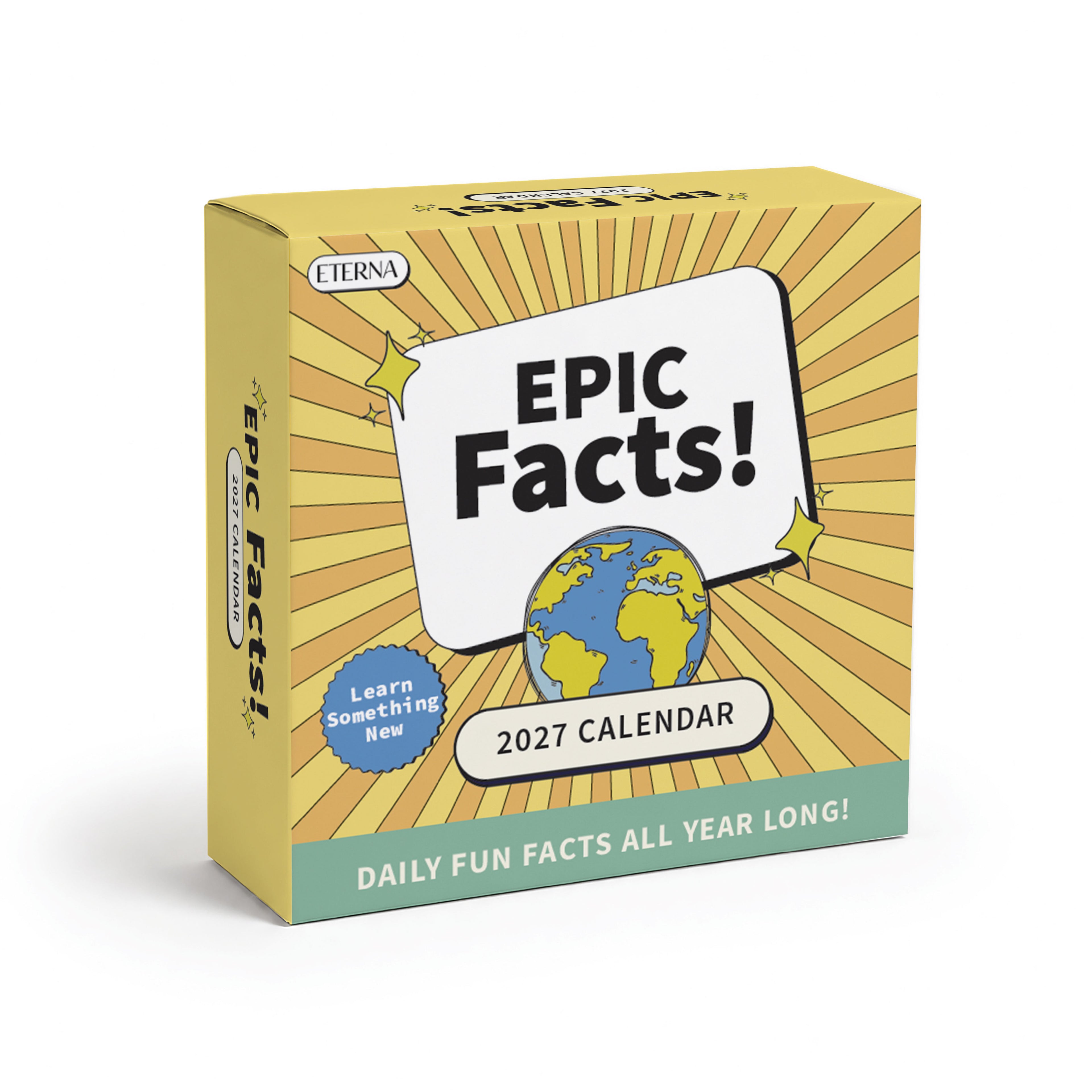 A yellow box labeled "2026 Epic Facts Calendar" by Eterna Goods, featuring an illustration of Earth and a green strip at the bottom with the text "Daily fun facts all year long!"—perfect for anyone seeking an exciting daily facts calendar to brighten up their desk.